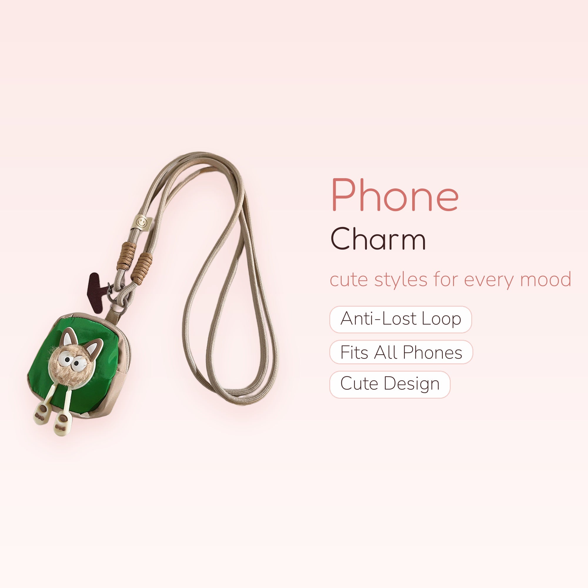 Cute Green & Beige Fox Lanyard Phone Charm | Kawaii Animal Crossbody Strap