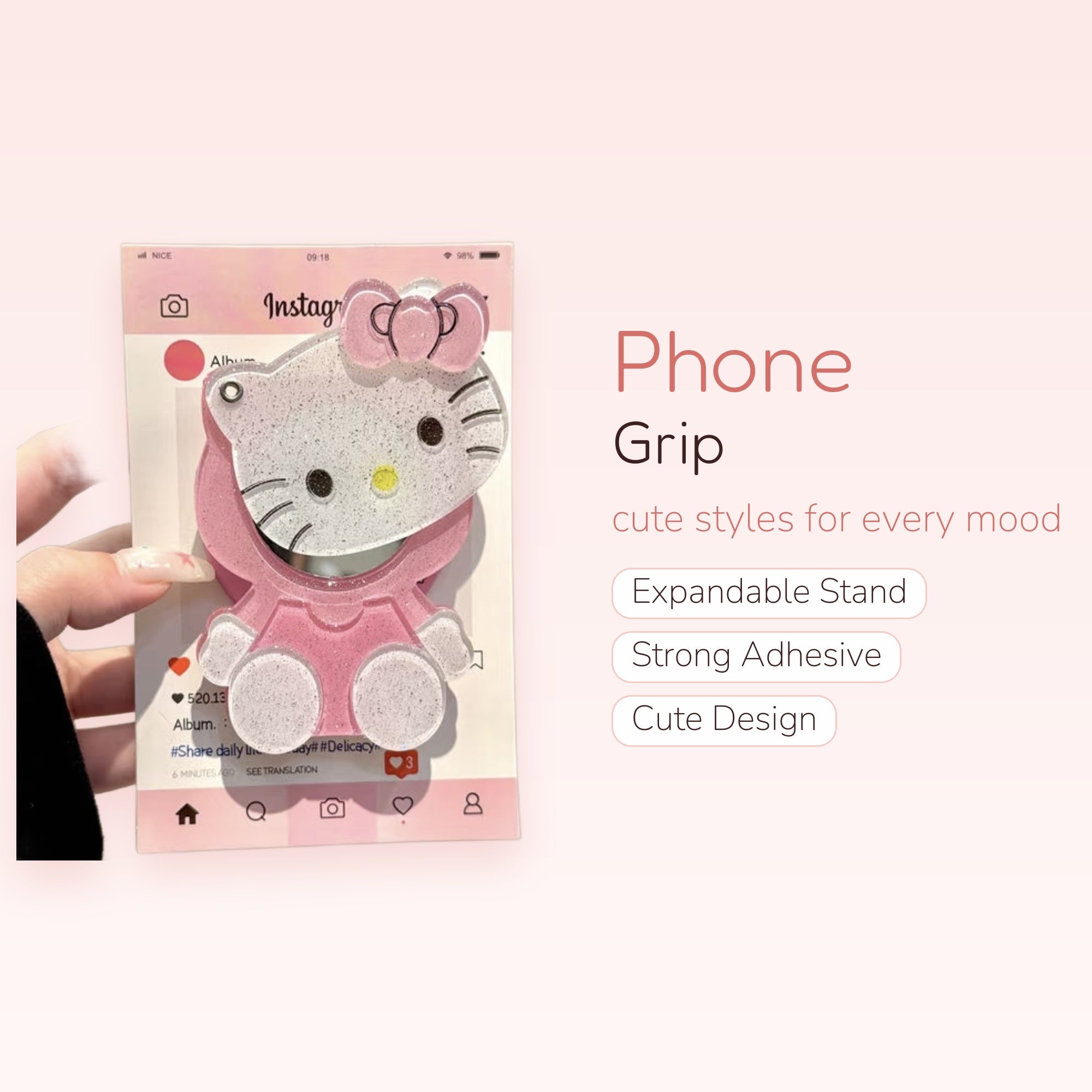 Glitter Hello Kitty Phone Grip | Kawaii Pink Pop Socket Stand