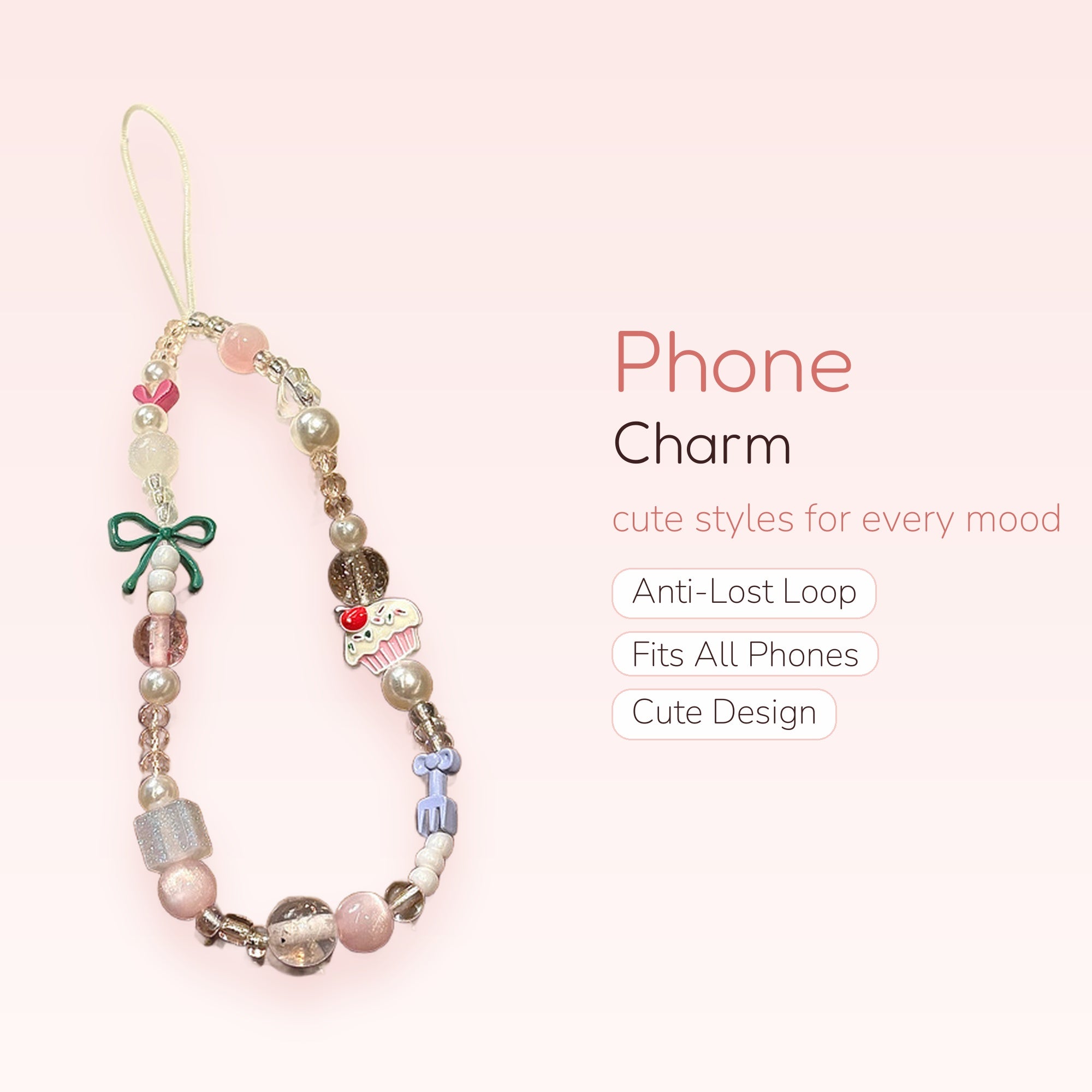 Kawaii Pastel Beaded Phone Charm | Cute Cupcake & Bow Wrist Strap