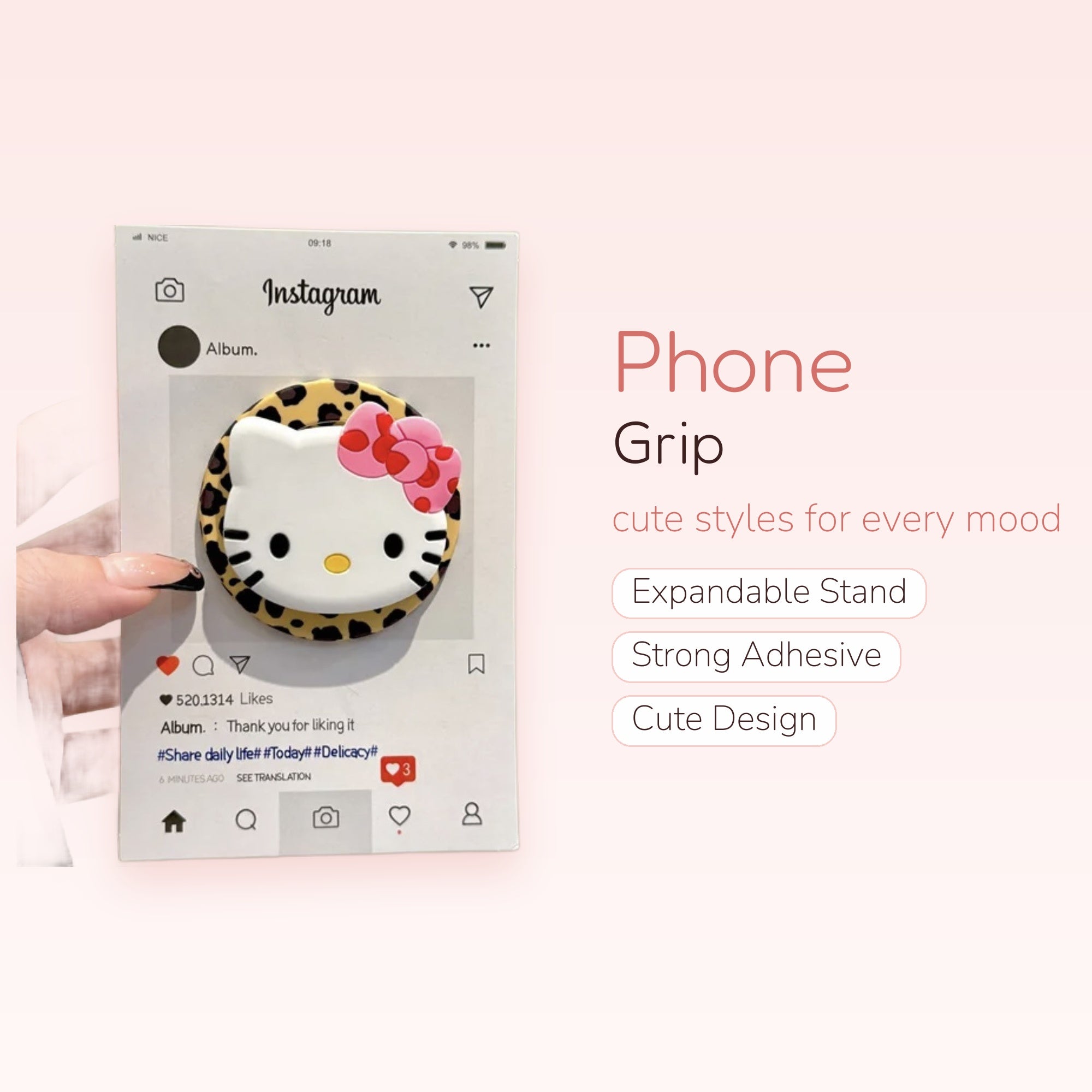 Kawaii Hello Kitty Leopard Print Phone Grip | Cute Pop Socket Stand
