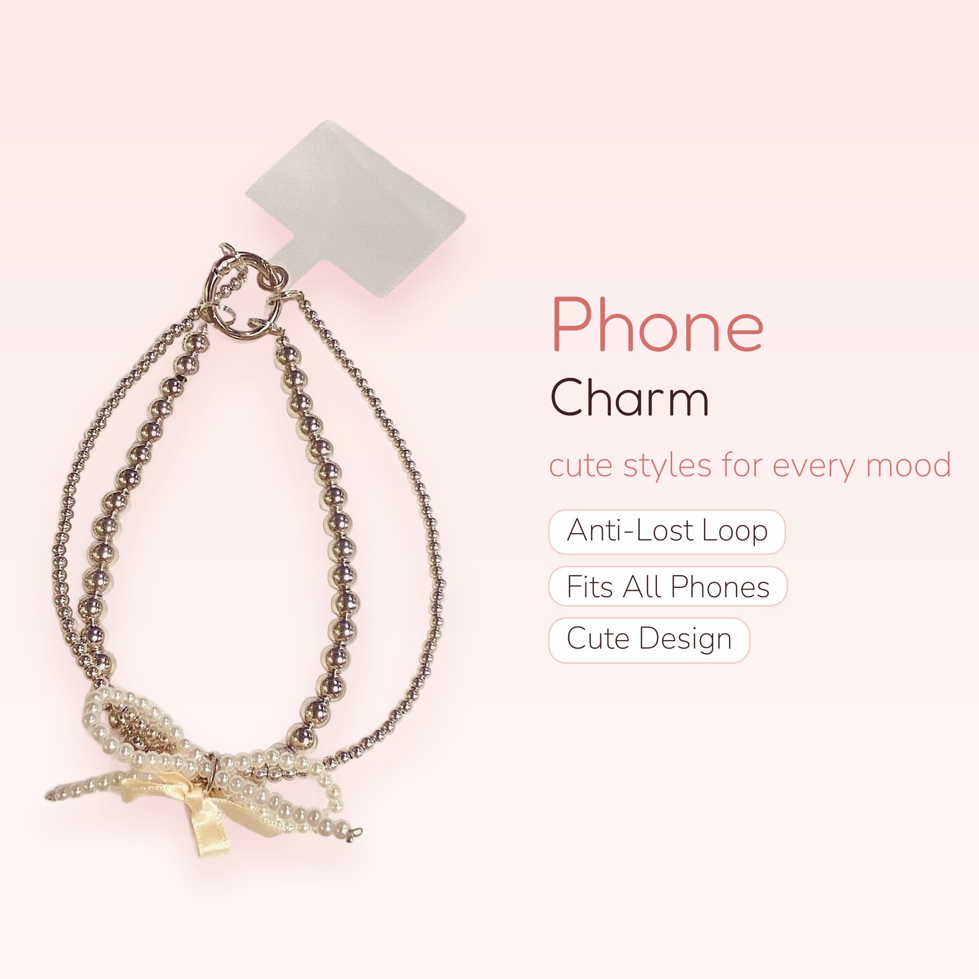 Silver Beaded Phone Charm Strap with Pearl Bow | Aesthetic Wrist Lanyard