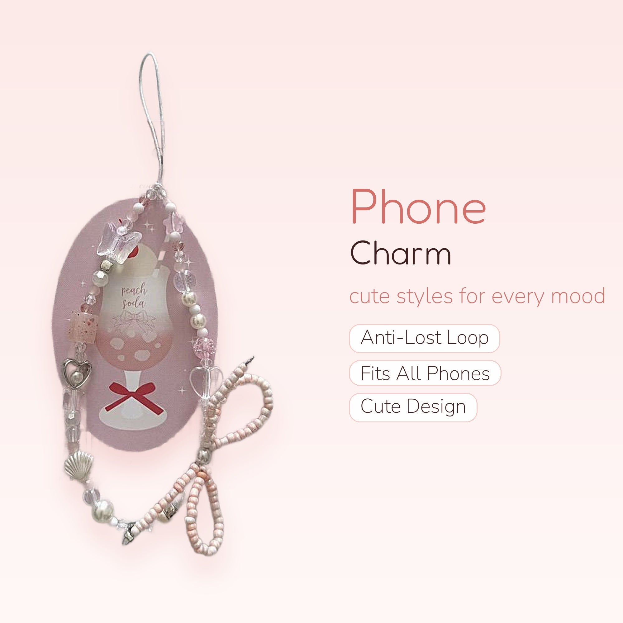 Pastel Pink & Pearl Beaded Phone Charm Strap | Kawaii Heart & Butterfly Wrist Lanyard