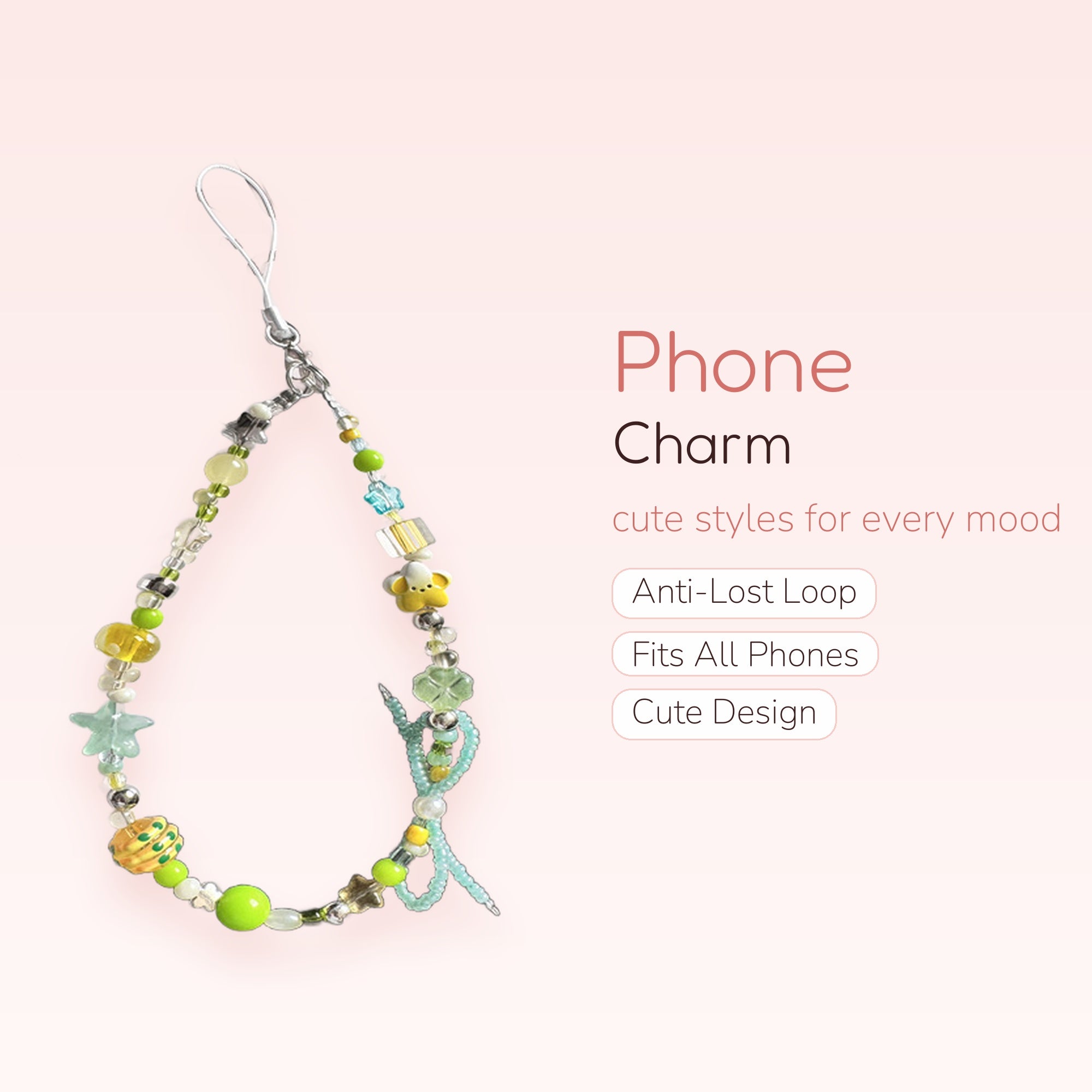 Kawaii Green & Yellow Beaded Phone Charm | Cute Star & Bear Wrist Strap