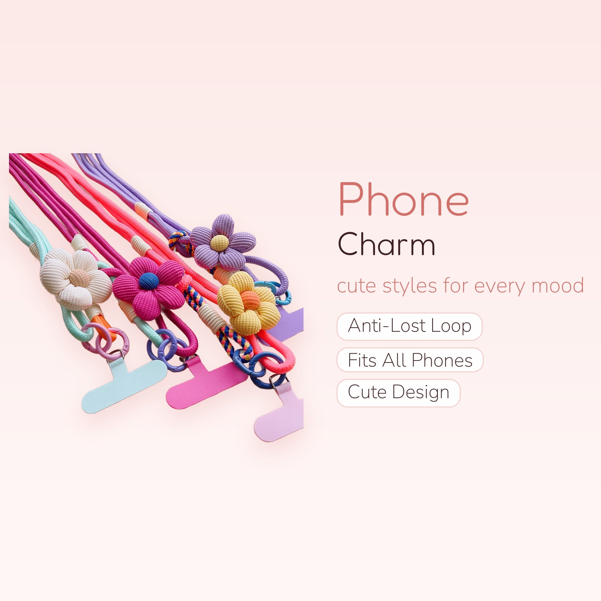 Kawaii Floral Phone Lanyard | Pastel Flower Crossbody Strap with Phone Tab