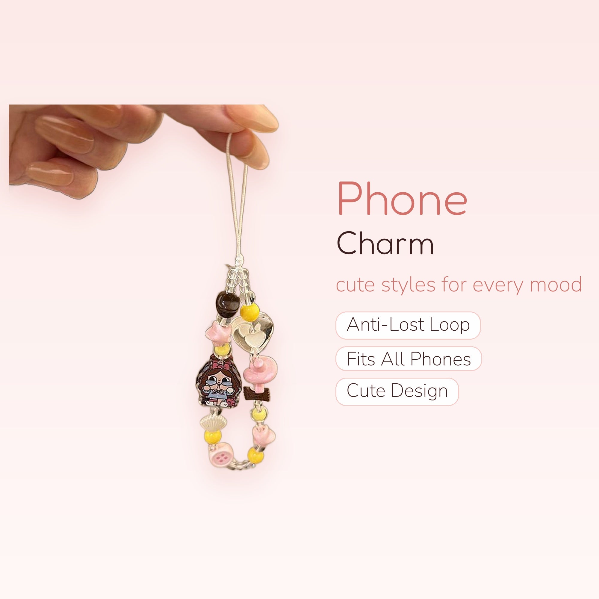Kawaii Pink & Yellow Beaded Phone Charm | Cute Cartoon Girl & Heart Strap