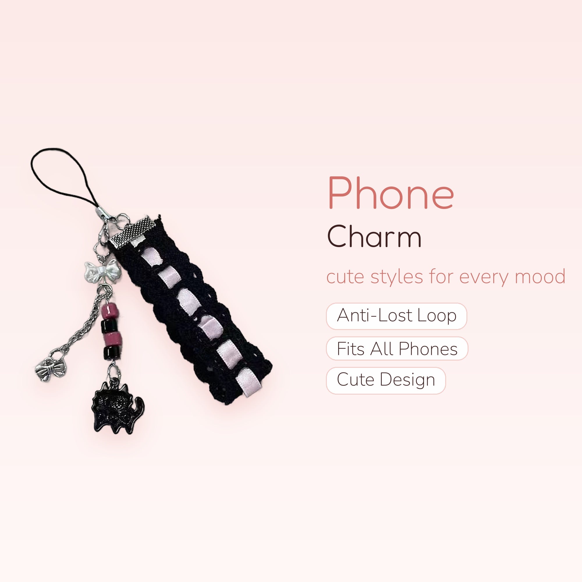 Black Lace & Pink Ribbon Phone Charm | Cute Bow & Cat Pendant Strap