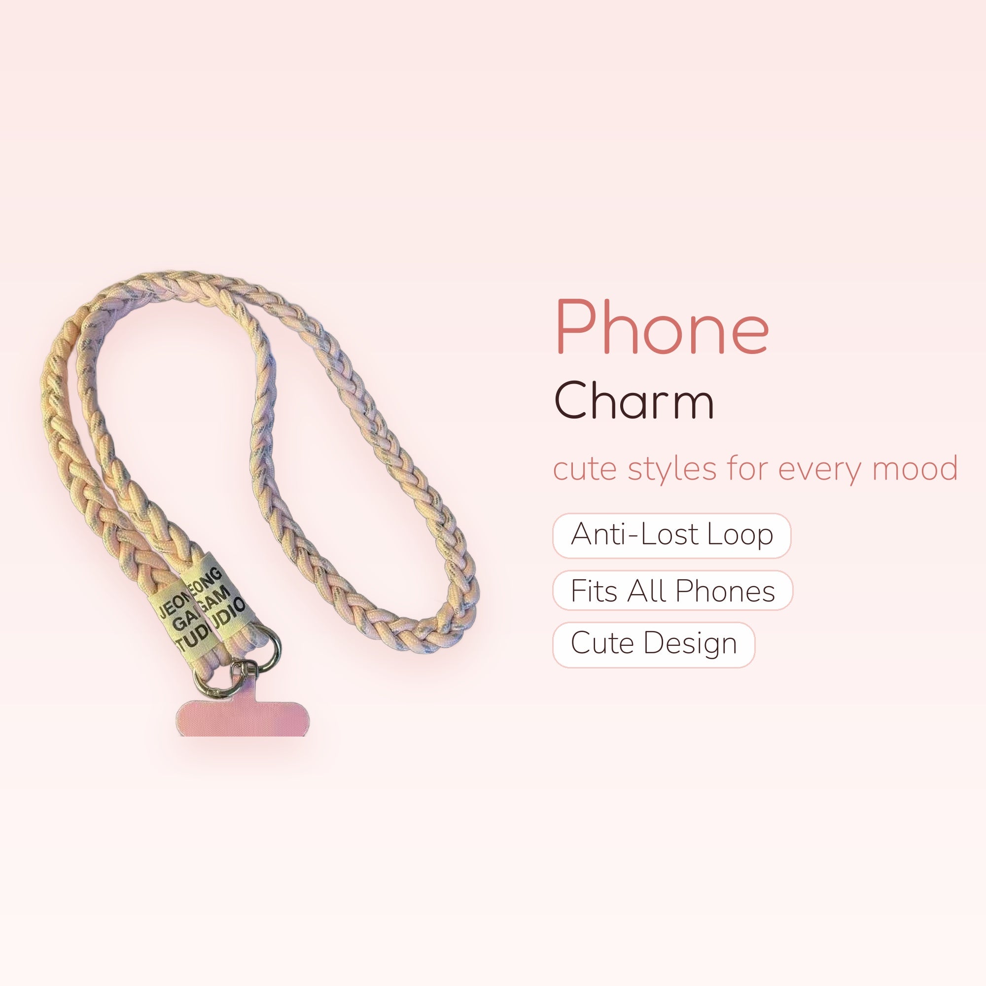 Pink Braided Lanyard Phone Charm | Aesthetic Crossbody Strap with Text Tag