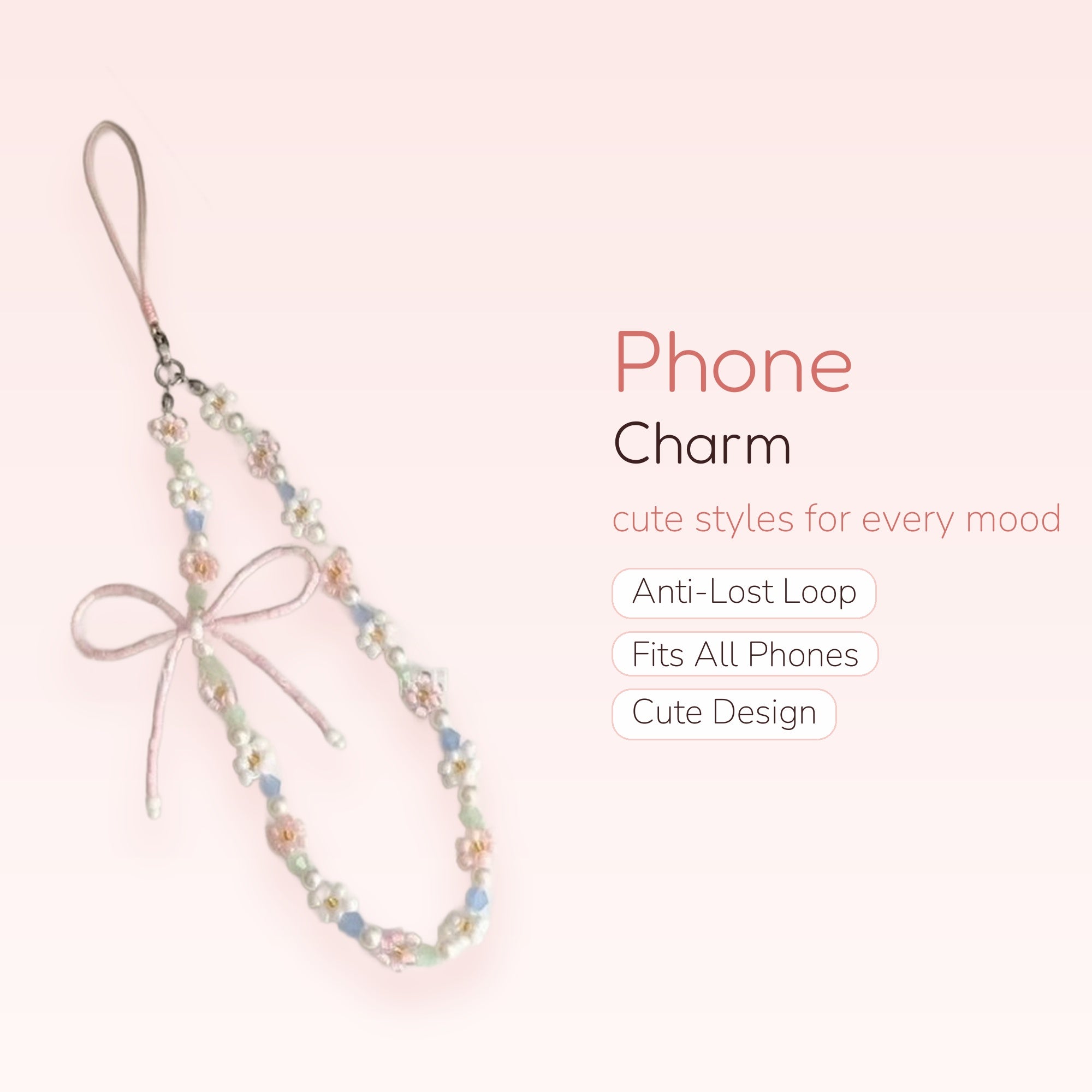 Pastel Daisy & Pearl Beaded Phone Charm Strap | Kawaii Pink Bow Wrist Lanyard
