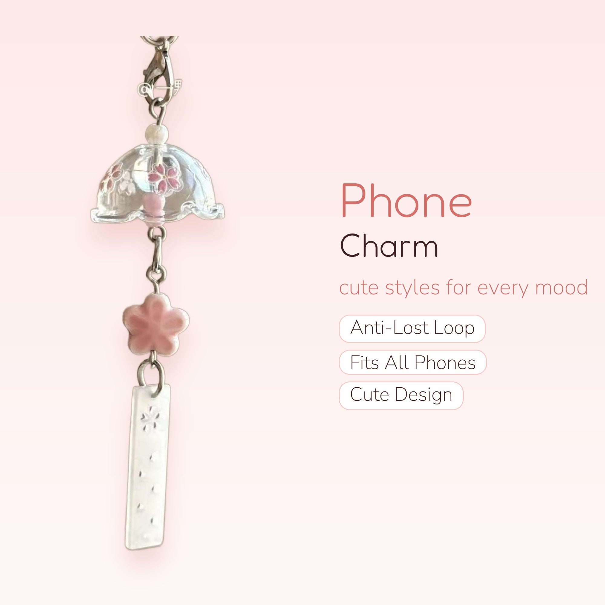 Kawaii Sakura Clear Bell Phone Charm | Pink Flower Wind Chime Keychain