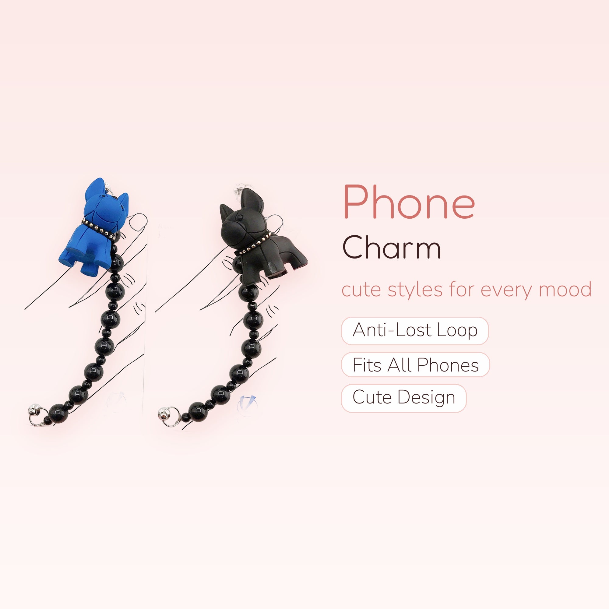 Kawaii French Bulldog Phone Charm Strap | Blue & Black Beaded Wrist Lanyard