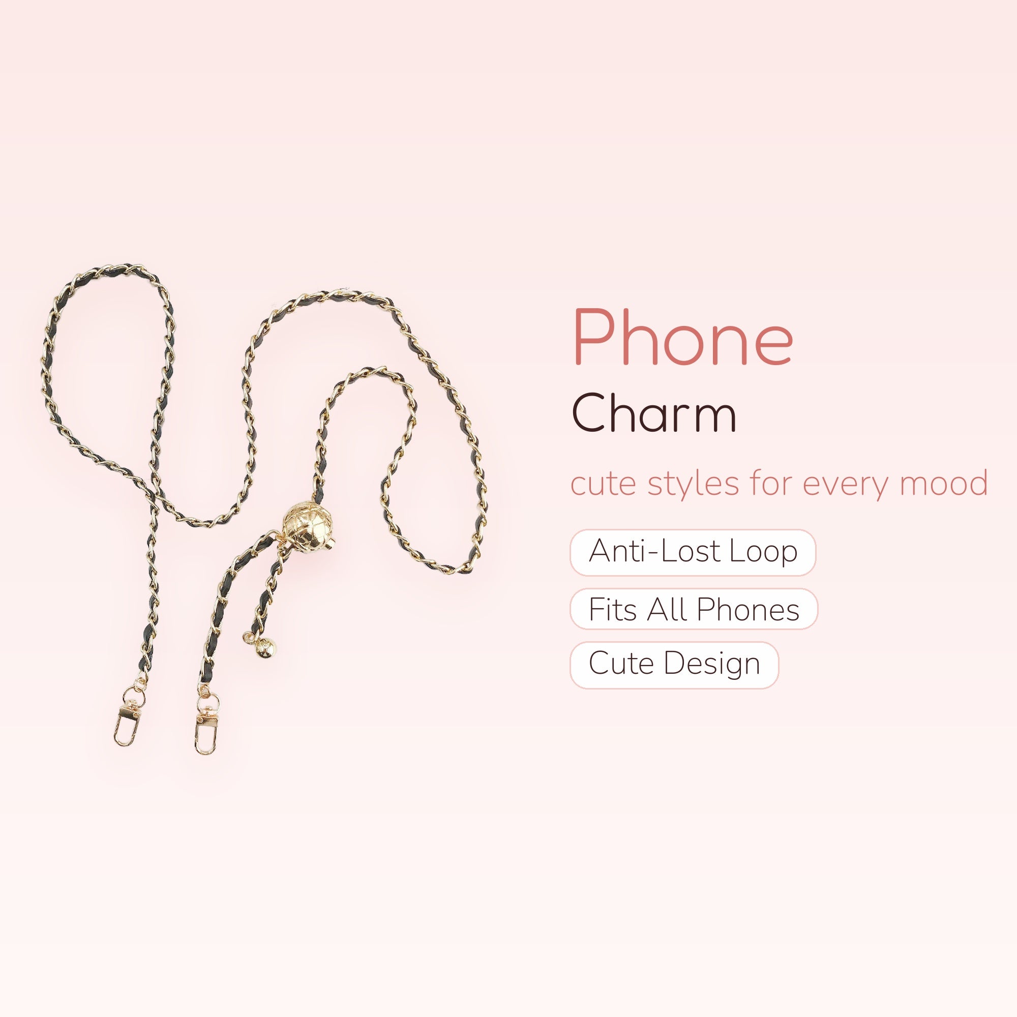 Chic Black Leather & Gold Chain Phone Charm | Adjustable Lanyard Strap