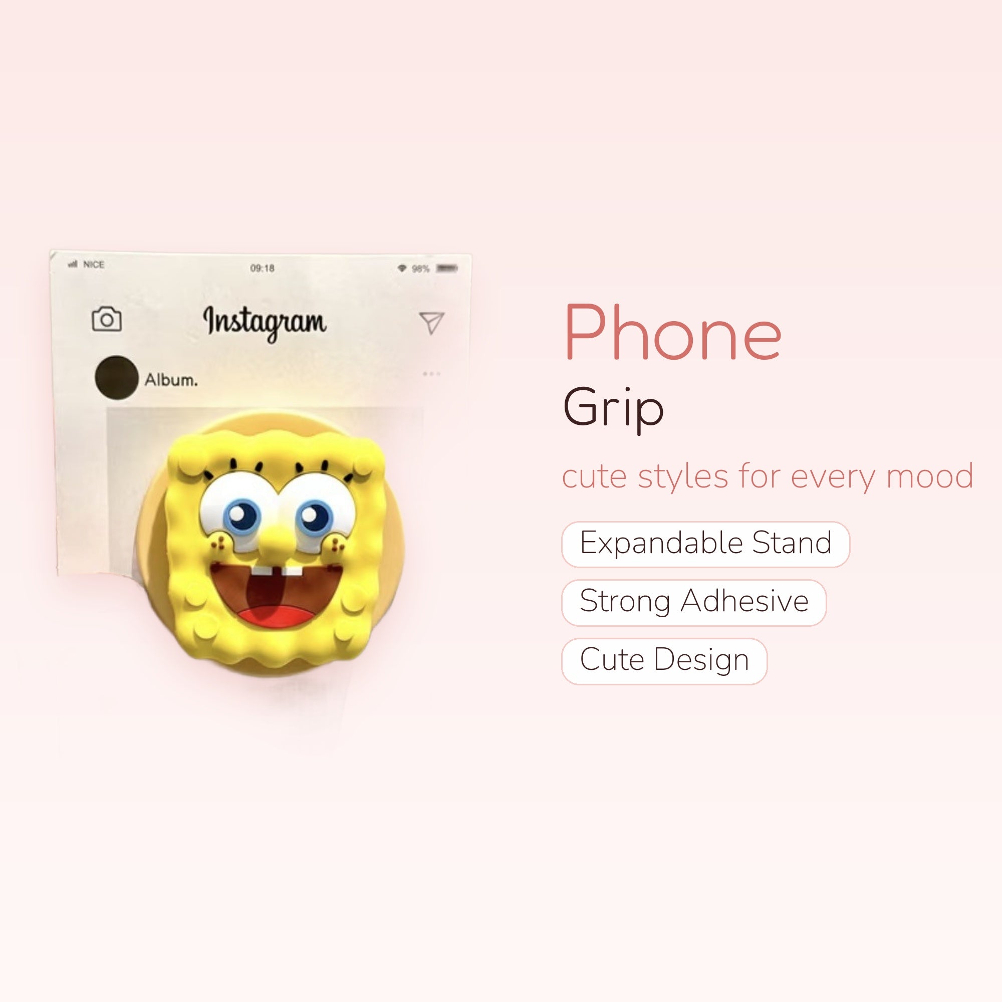 SpongeBob SquarePants Instagram Phone Grip | Cute Cartoon Pop Socket Stand
