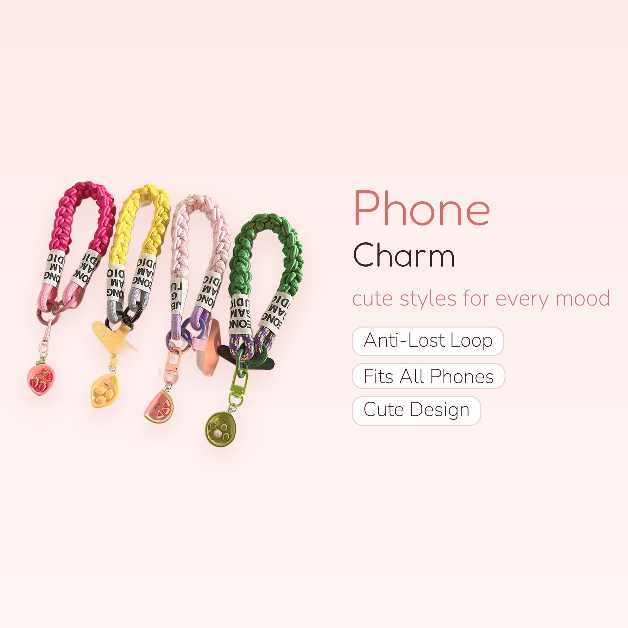 Braided Rope Fruit Phone Charm Strap | Colorful Wrist Lanyard with Fruit Pendants