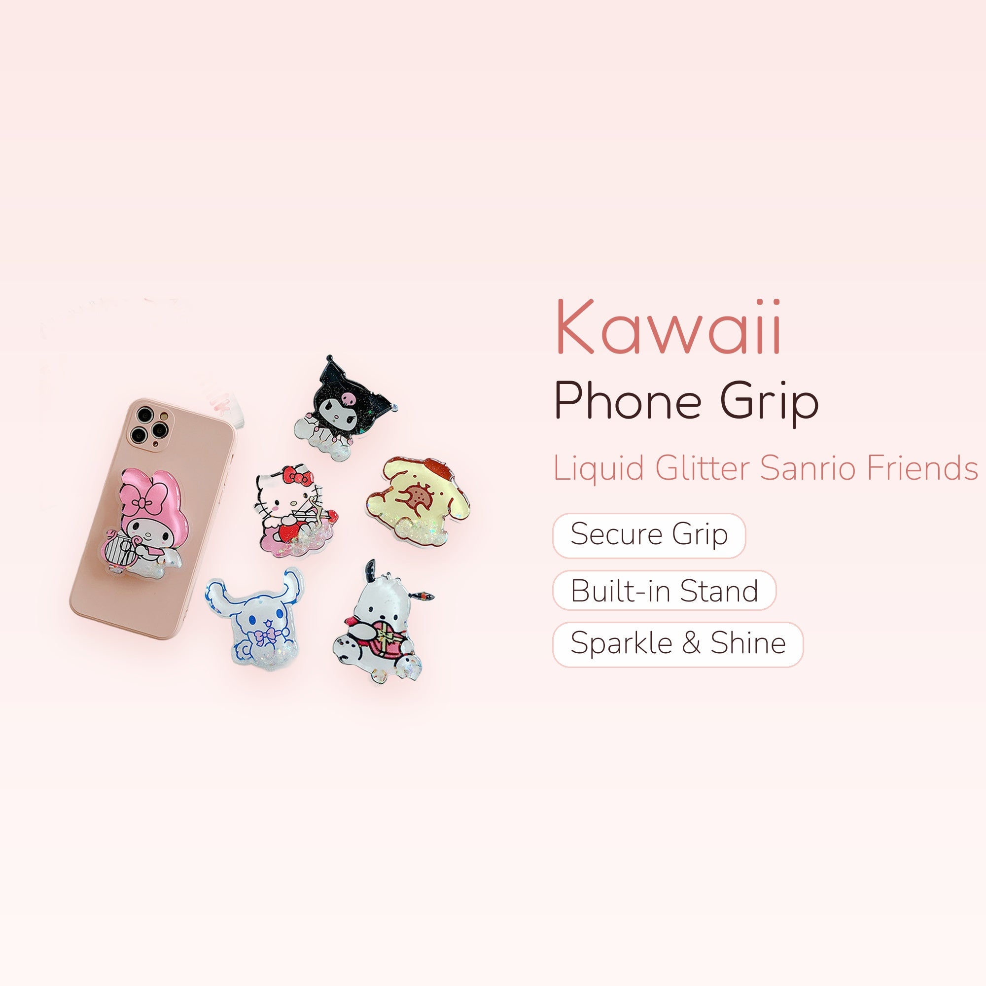 Kawaii Sanrio Character Liquid Glitter Phone Grip Stand