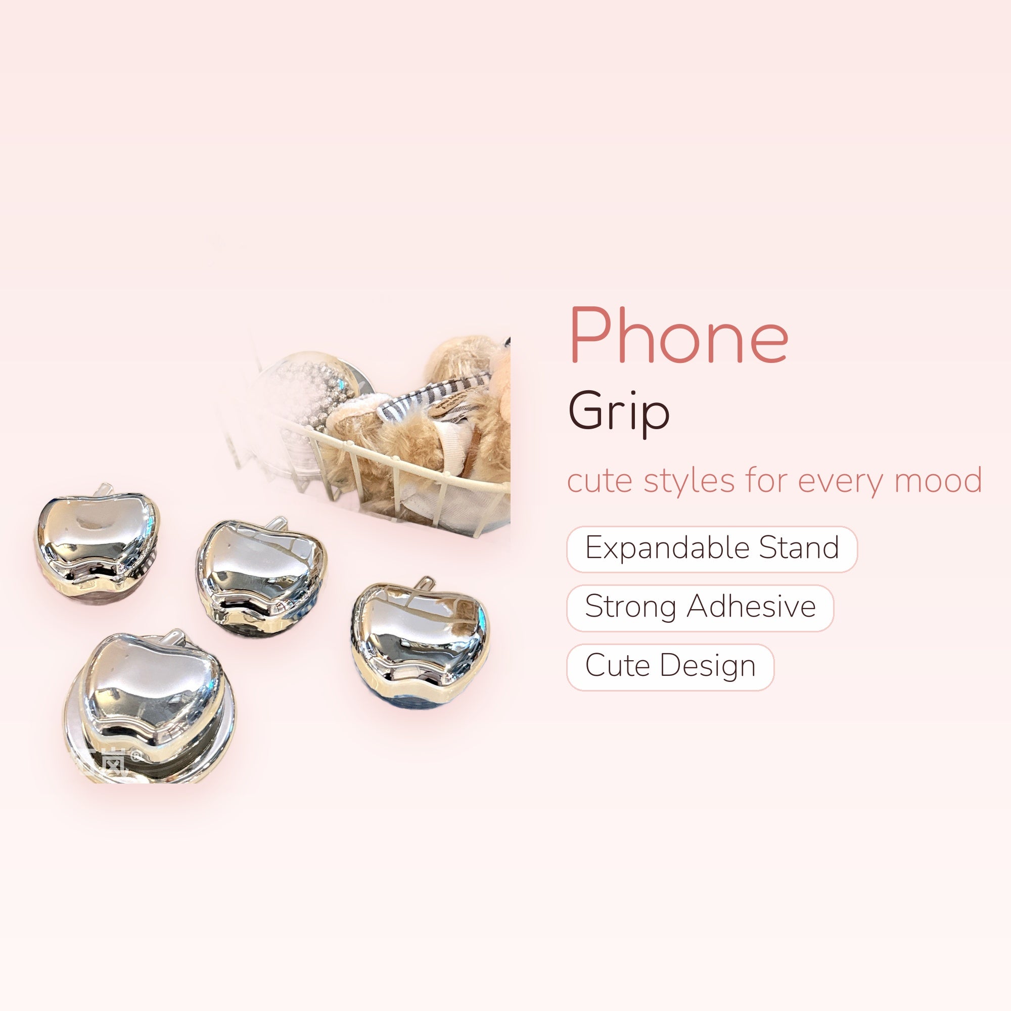 Shiny Silver Apple Phone Grip | Aesthetic Plaid Pop Socket Stand