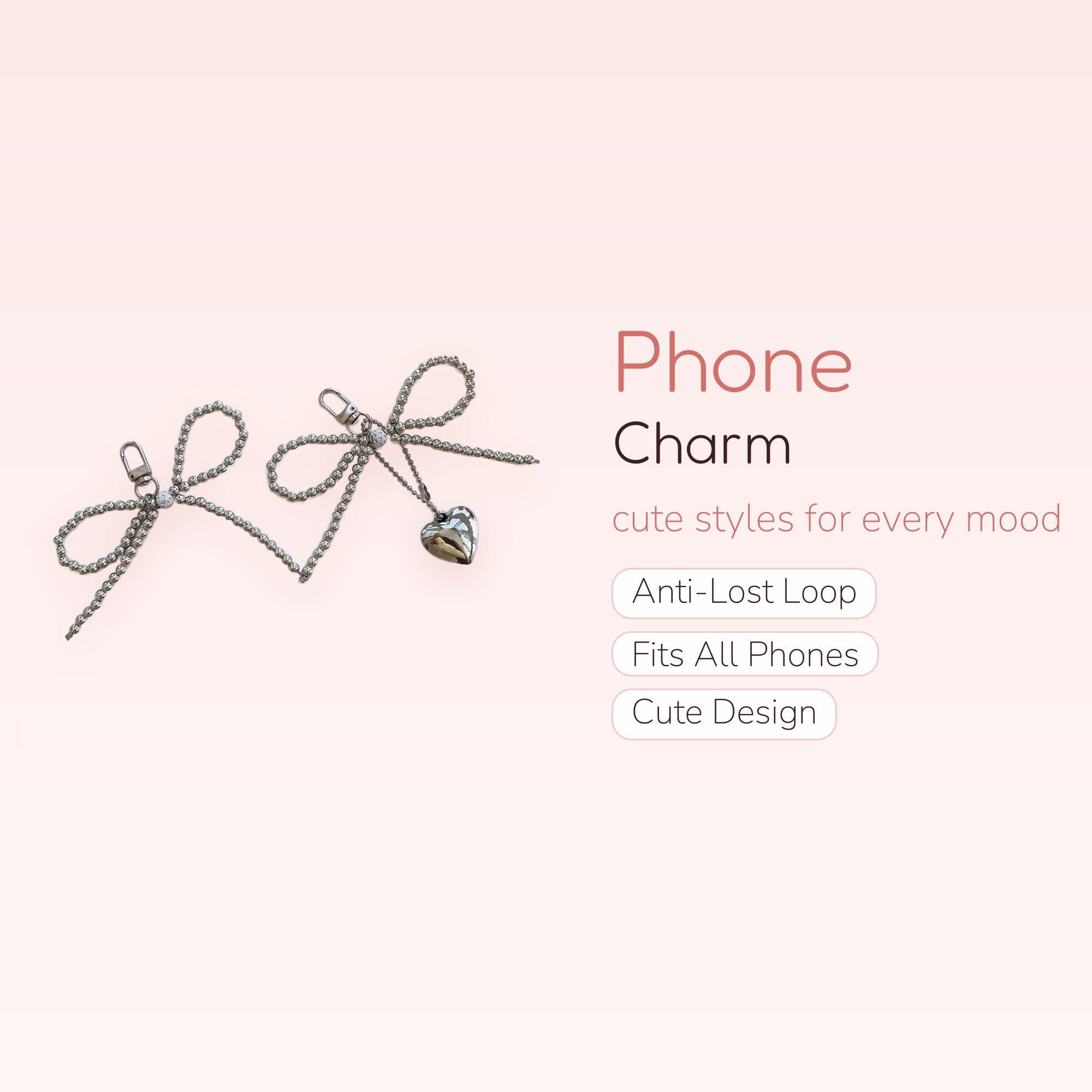 Aesthetic Silver Beaded Bow Phone Charm | Cute Heart Pendant Wrist Strap