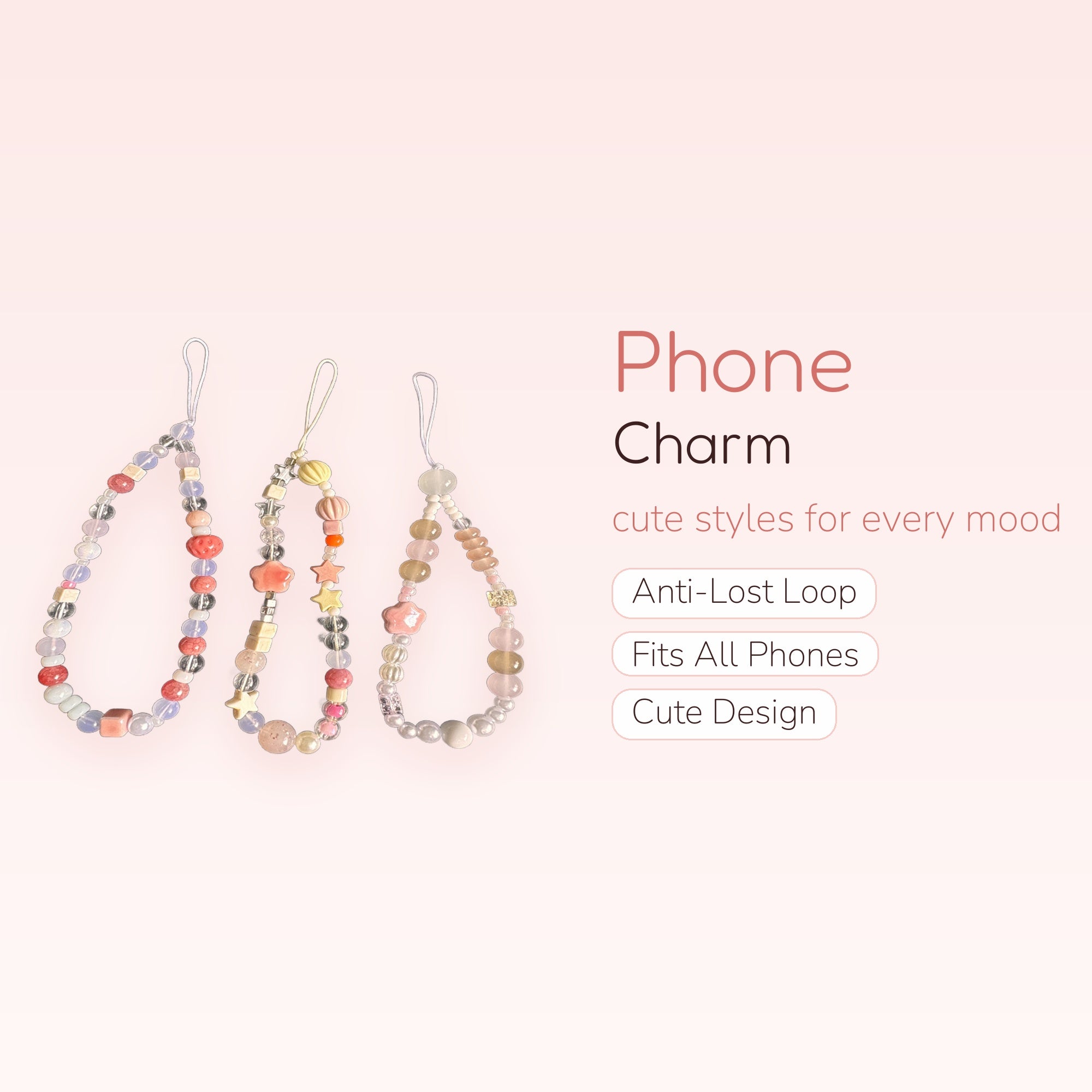 Pastel Beaded Phone Charm Straps | Kawaii Strawberry Star Heart Wrist Lanyards