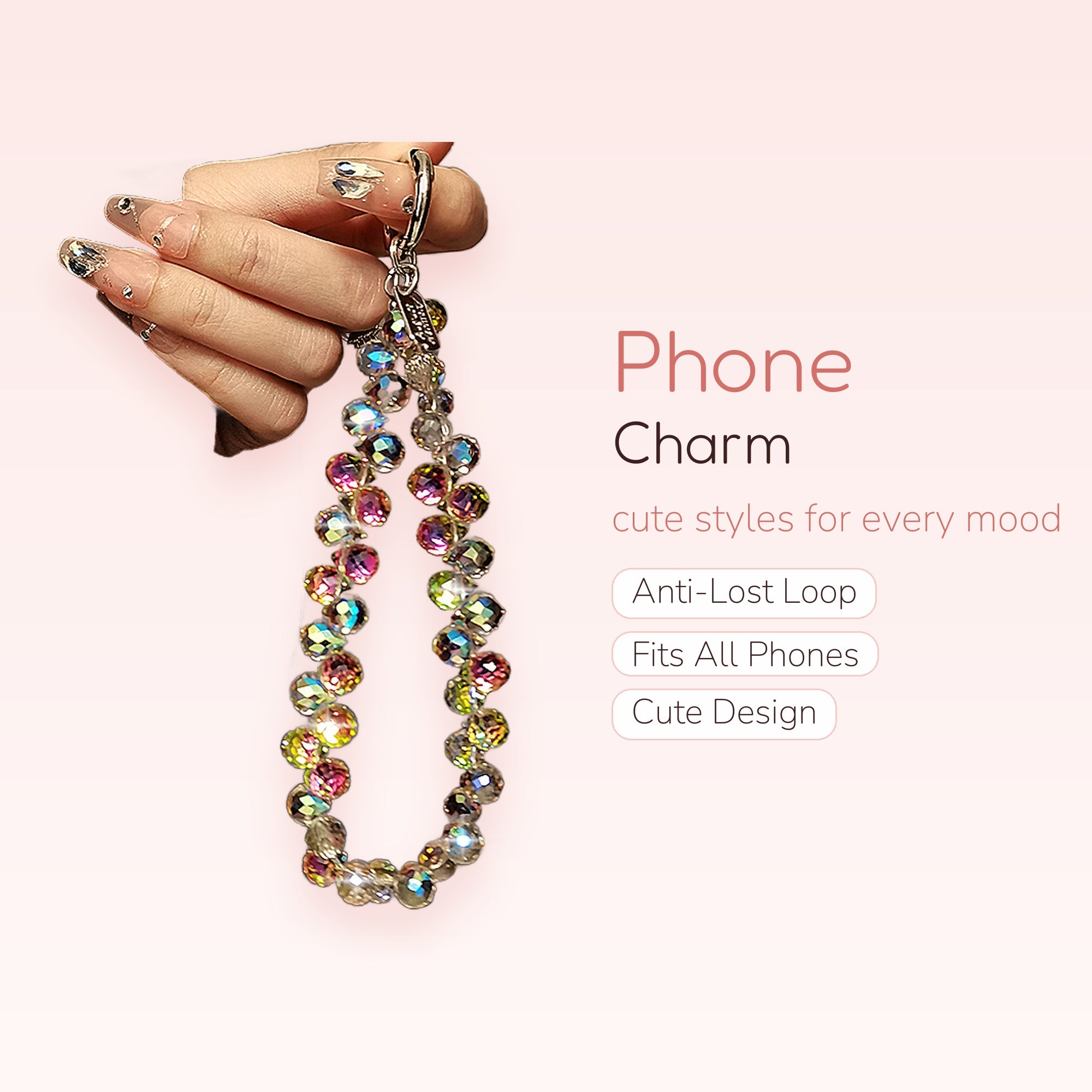 Iridescent Crystal Beaded Phone Charm Strap | Aesthetic Shimmering Wrist Lanyard