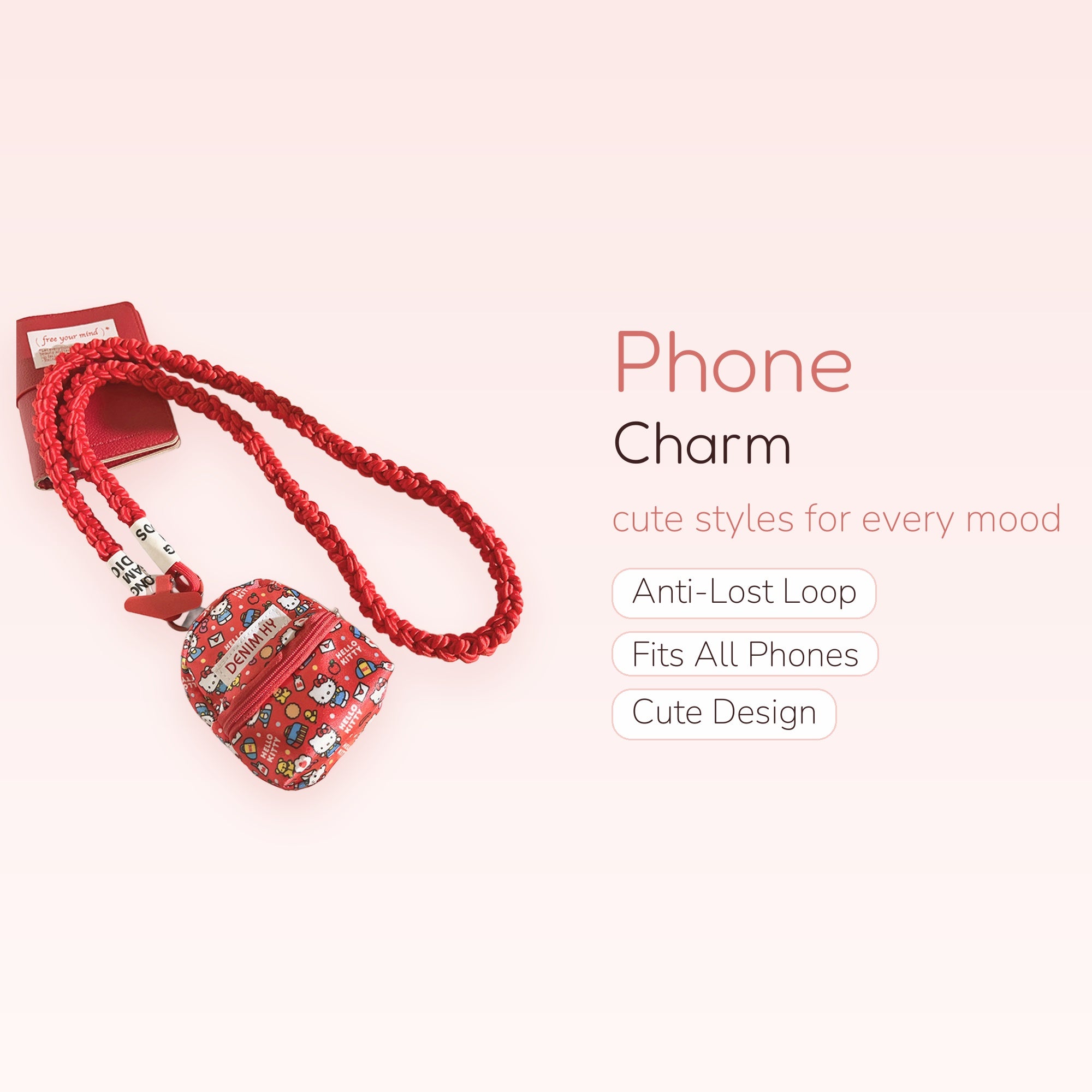 Red Braided Hello Kitty Phone Charm Lanyard | Kawaii Mini Backpack Phone Strap