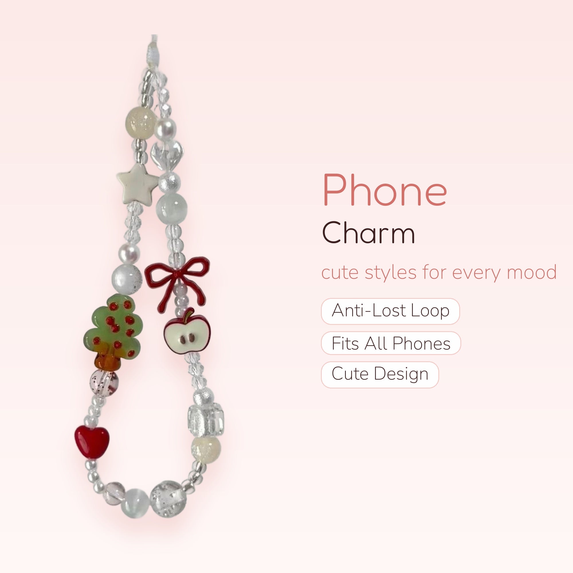 Kawaii Pearl & Apple Tree Phone Charm | Clear Beaded Wrist Strap