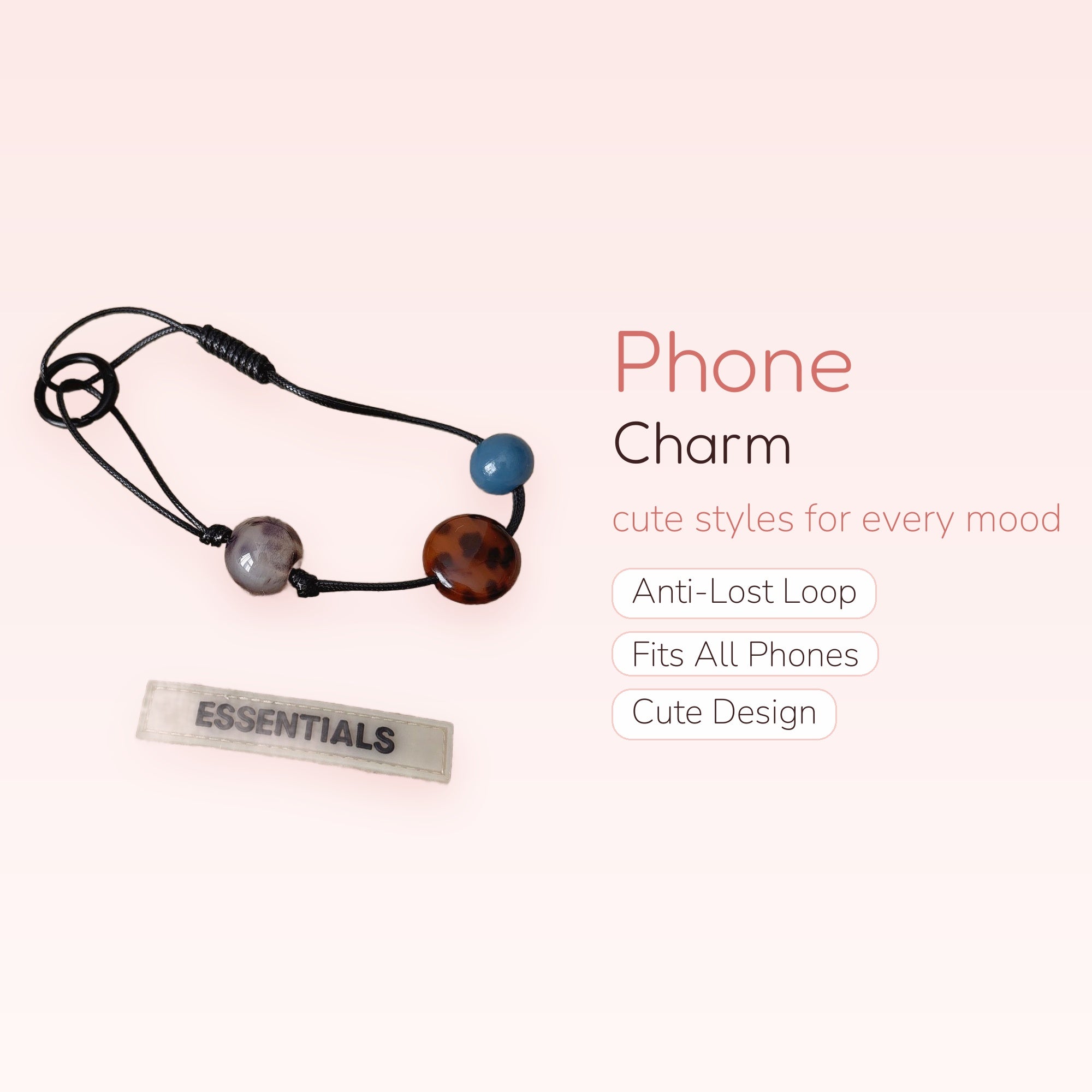 Aesthetic Beaded Phone Charm Strap | Black Cord Wrist Lanyard with Earthy Tones