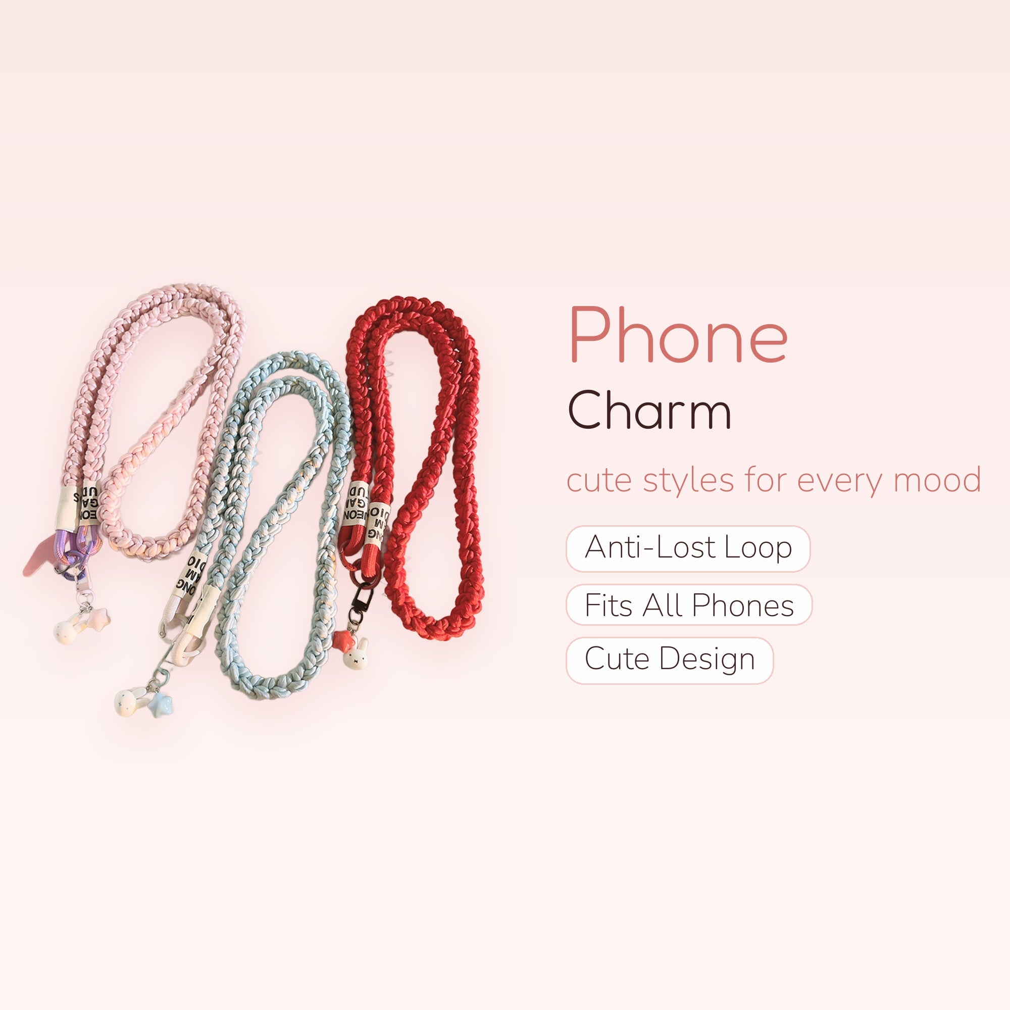 Braided Rope Phone Lanyard | Pastel Pink Blue Red Crossbody Strap with Charms