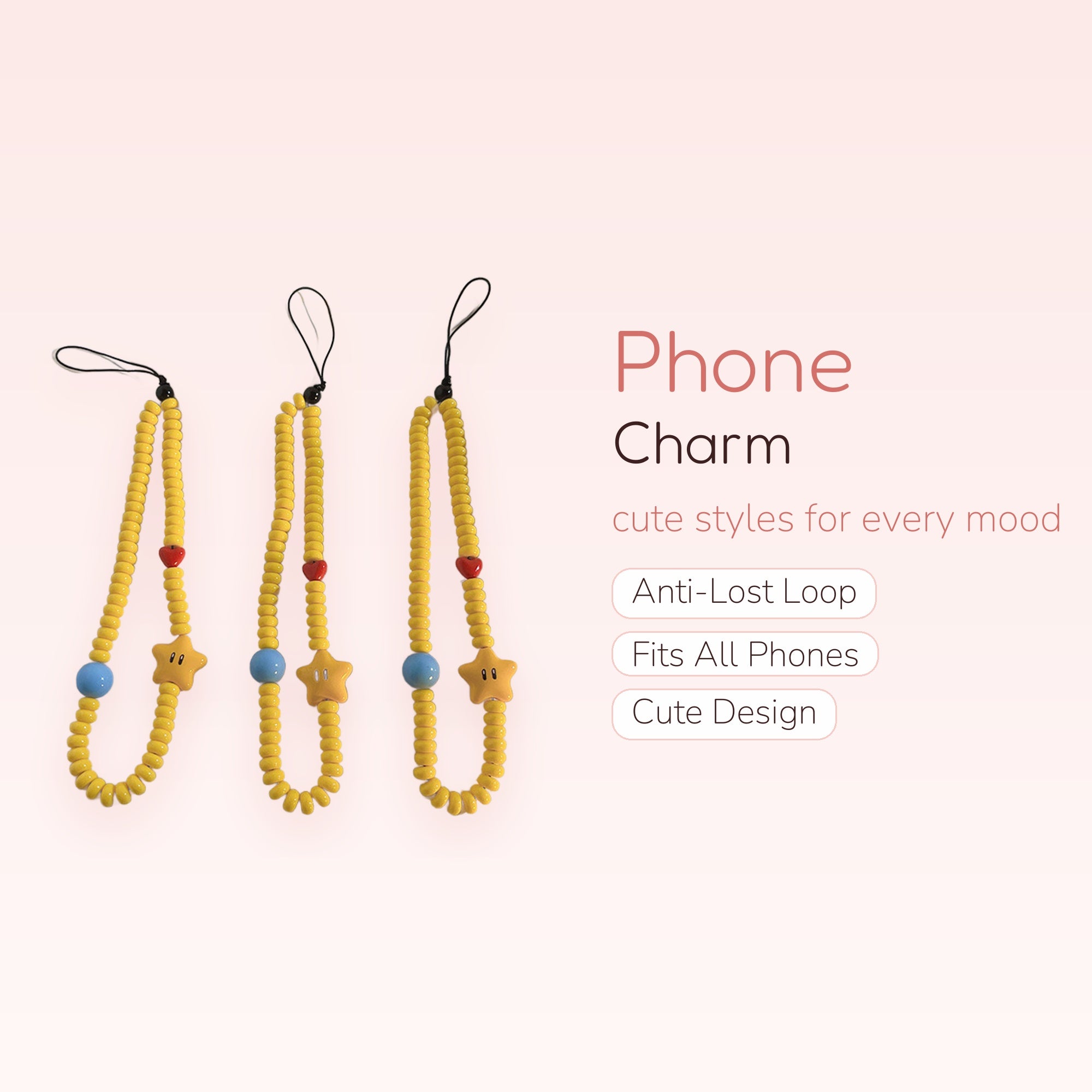 Kawaii Yellow Beaded Phone Charm | Super Mario Star & Heart Wrist Strap