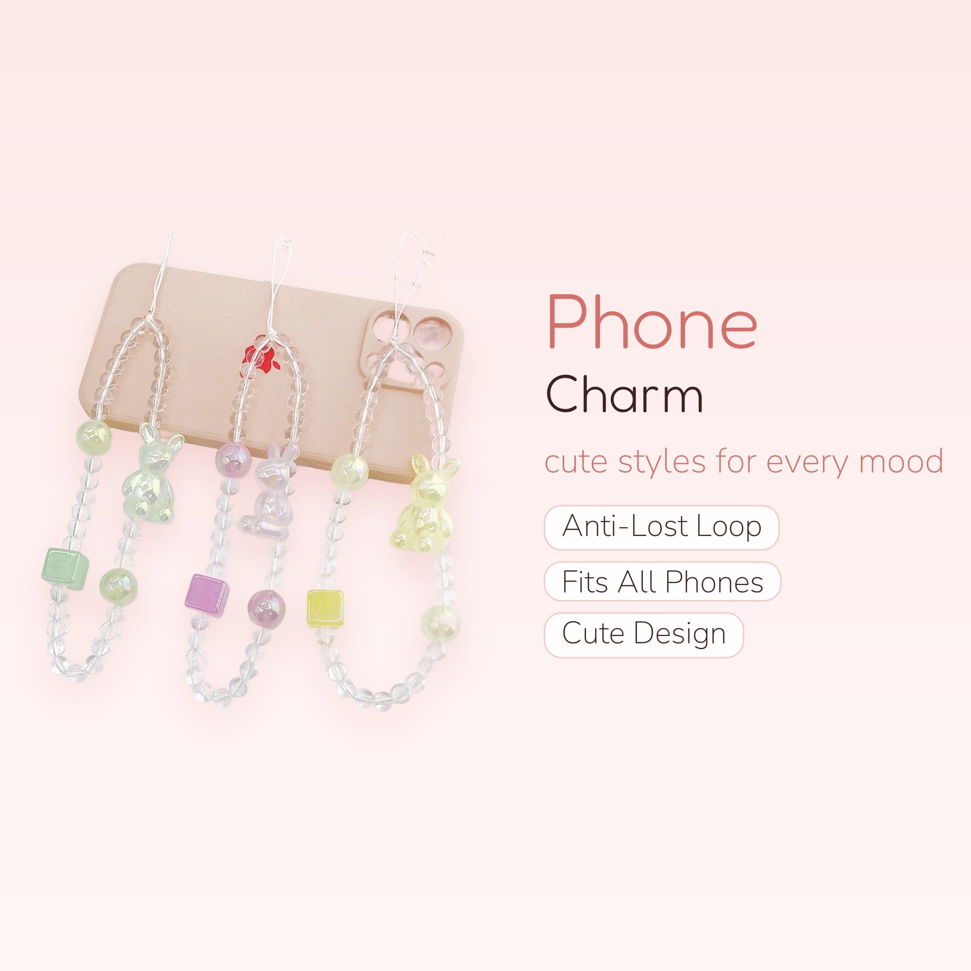 Kawaii Iridescent Bunny Phone Charm | Pastel Beaded Wrist Lanyard