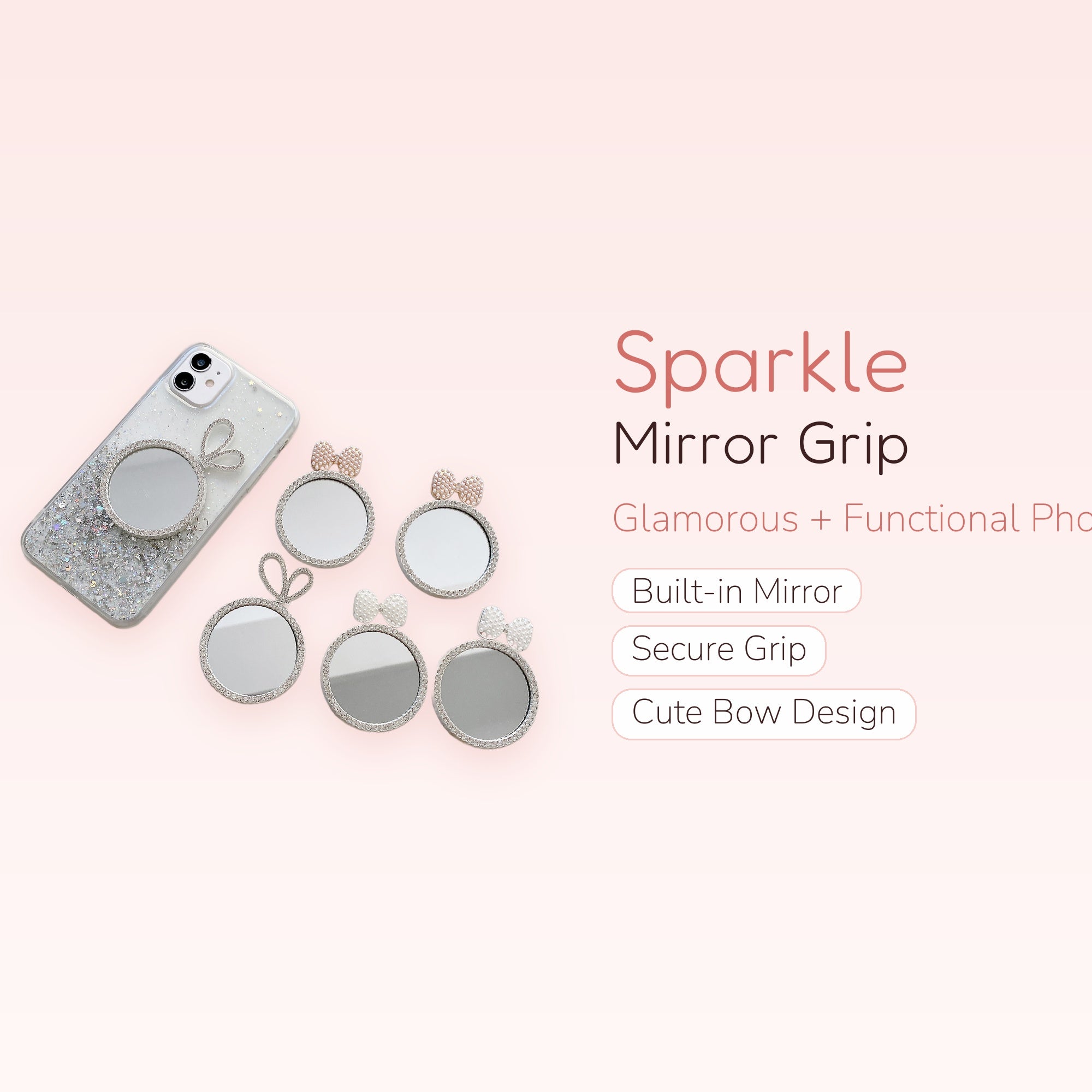 Sparkle Mirror Phone Grip | Rhinestone Bow Phone Stand | Kawaii Phone Accessory | Cute Pop Socket | Gift for Her