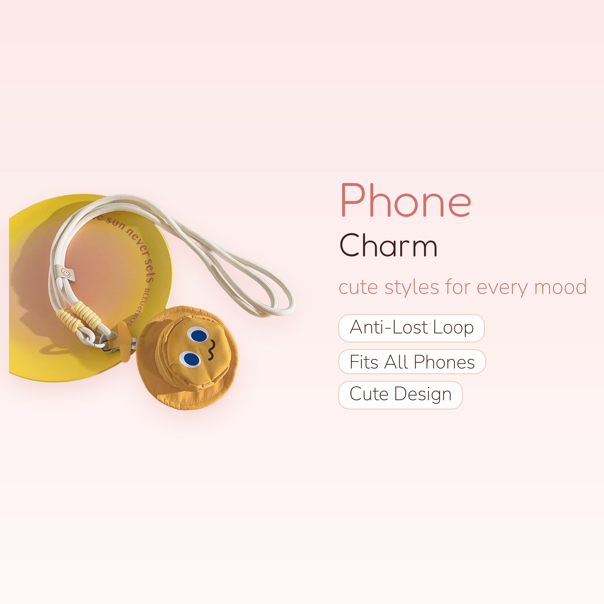 Cute Yellow Bucket Hat Phone Charm Lanyard | Aesthetic Smiley Face Neck Strap