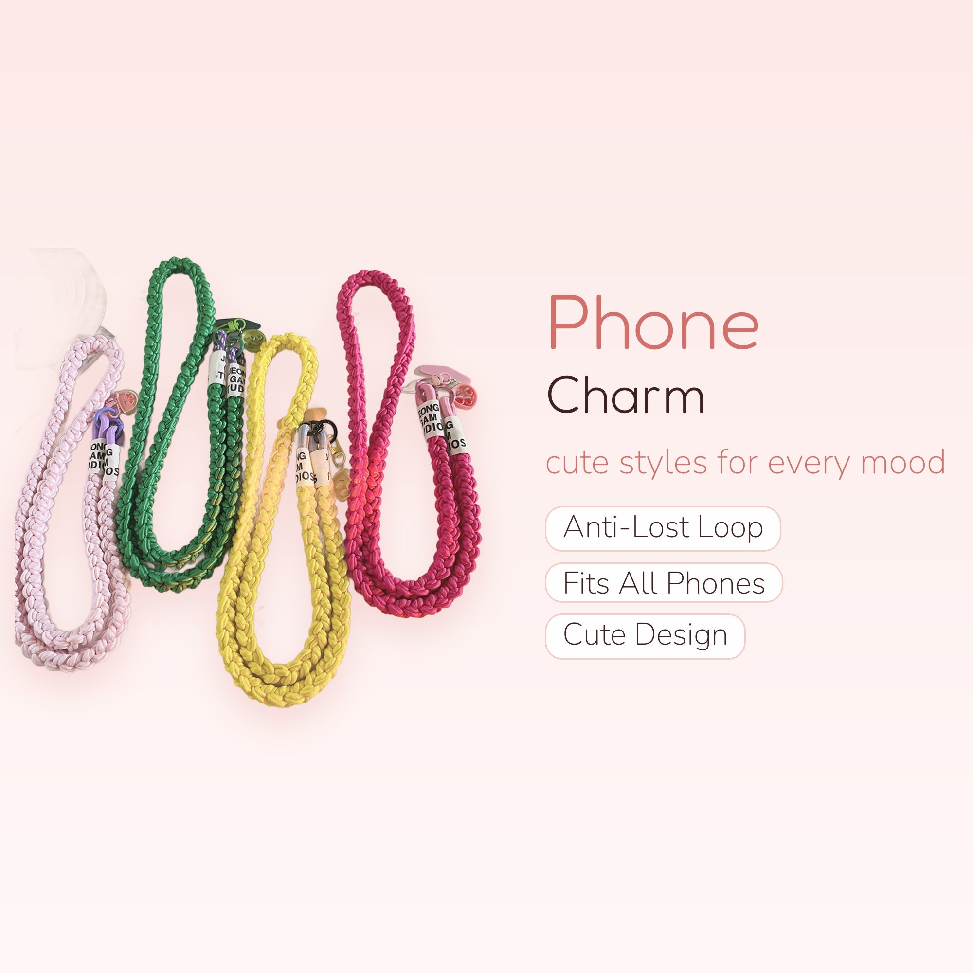 Braided Rope Phone Charm Lanyard | Colorful Woven Crossbody Strap with Fruit Charms