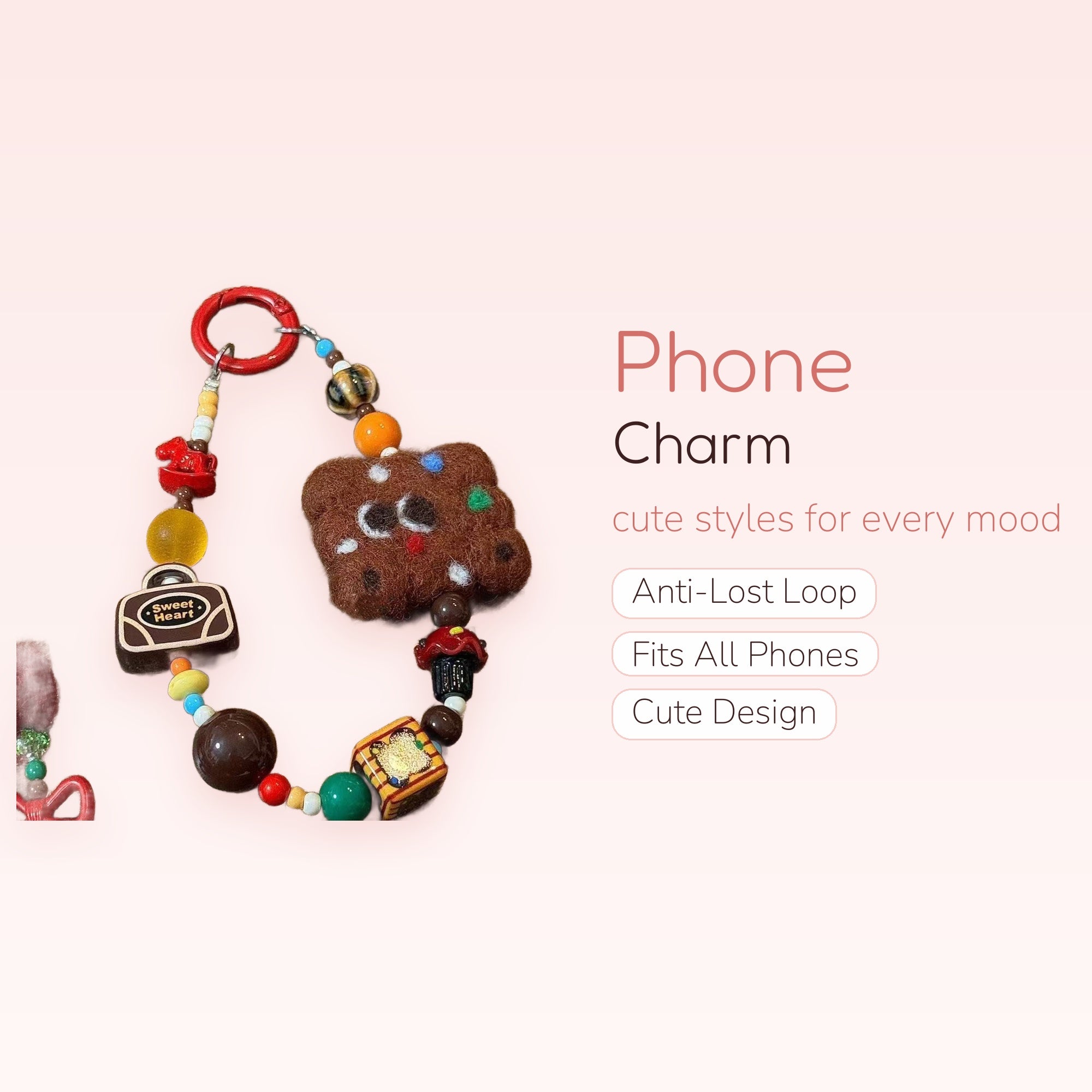 Cute Chocolate Cookie & Sweet Heart Phone Charm | Aesthetic Beaded Wrist Strap