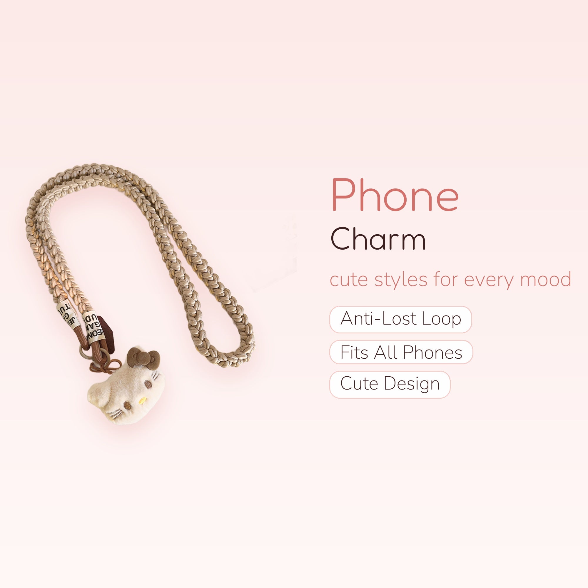 Braided Hello Kitty Phone Charm Lanyard | Cute Plush Kitty Neck Strap