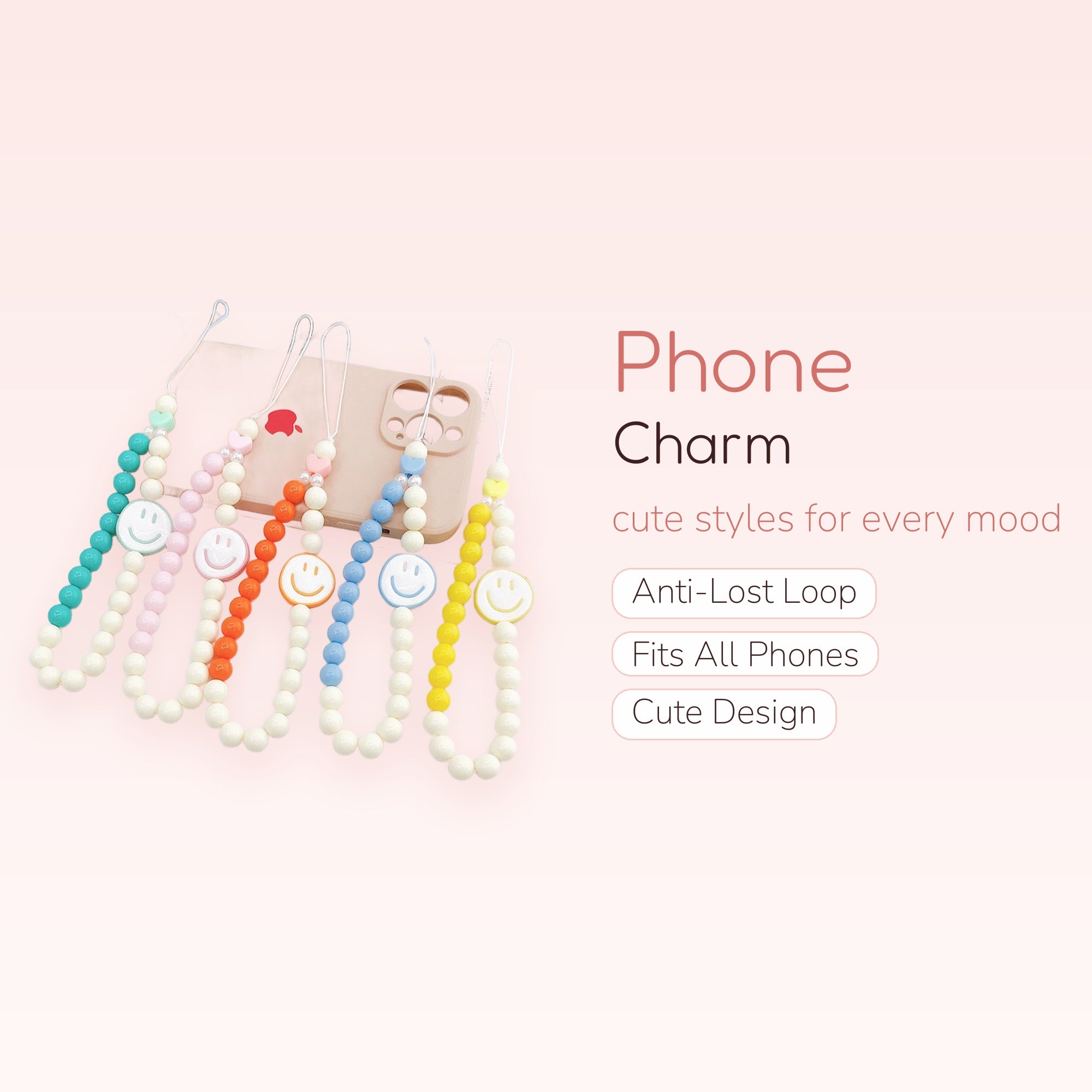 Kawaii Pastel Beaded Smiley Face Phone Charm | Cute Y2K Wrist Strap Lanyard