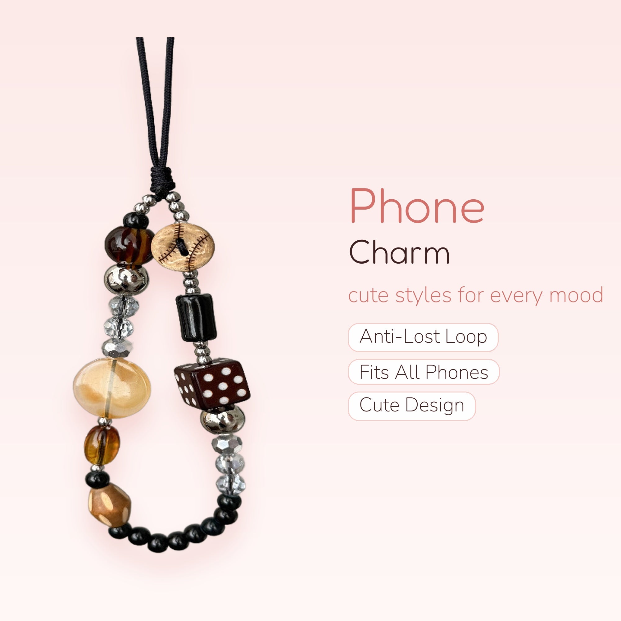 Brown & Black Dice Baseball Phone Charm Strap | Aesthetic Beaded Wrist Lanyard