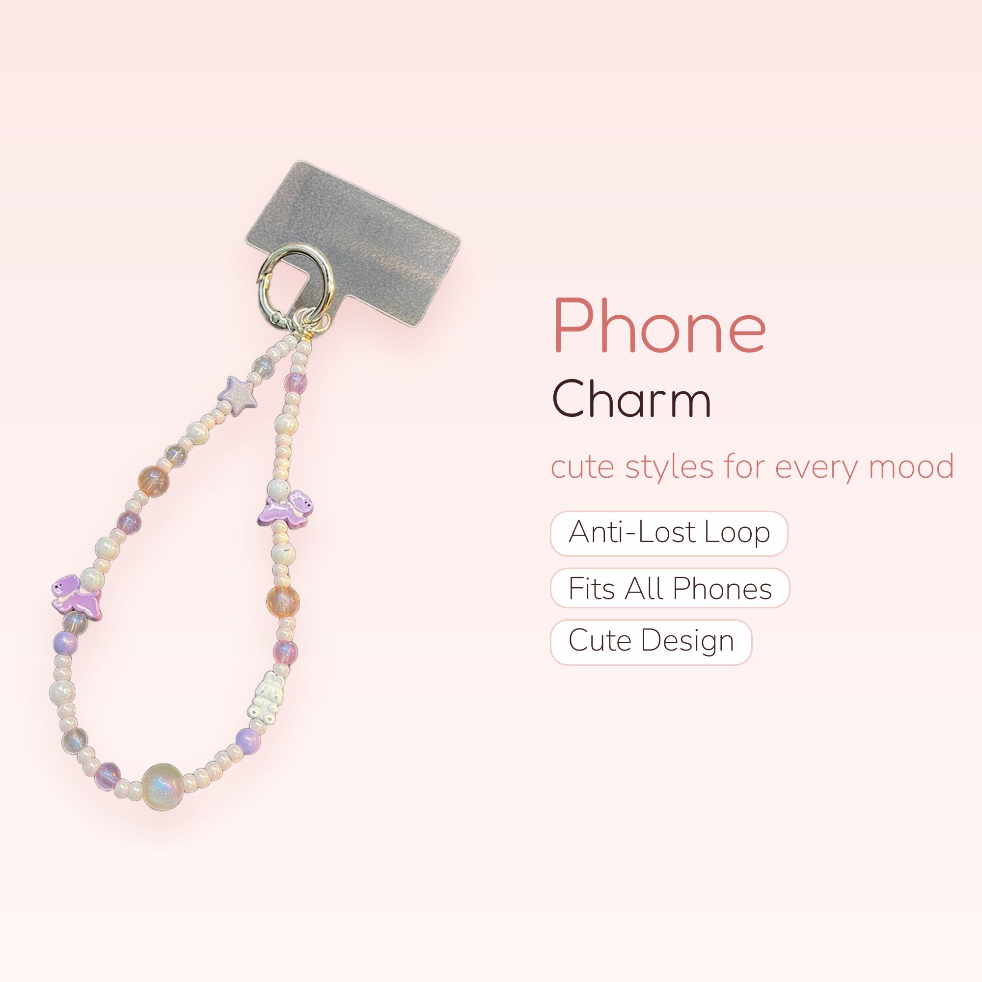 Kawaii Pastel Beaded Phone Charm Strap | Cute Purple Unicorn & Star Wrist Lanyard