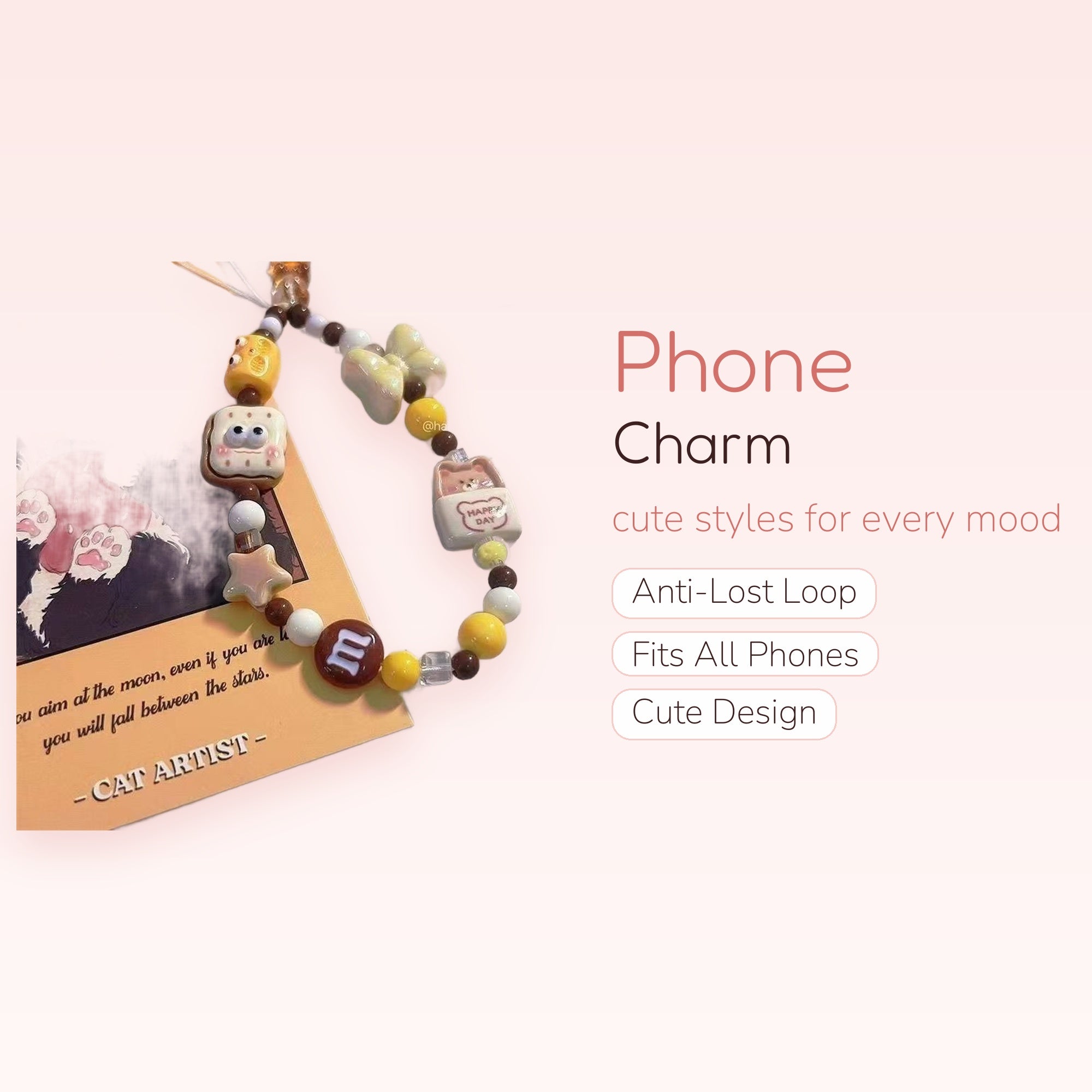 Kawaii Brown & Yellow Beaded Phone Charm | Cute Food & Animal Wrist Strap