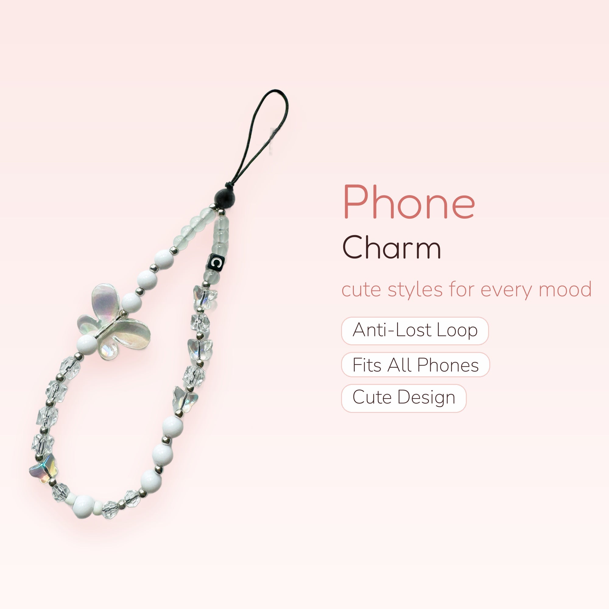White Beaded Butterfly Phone Charm | Aesthetic Clear Crystal Wrist Strap
