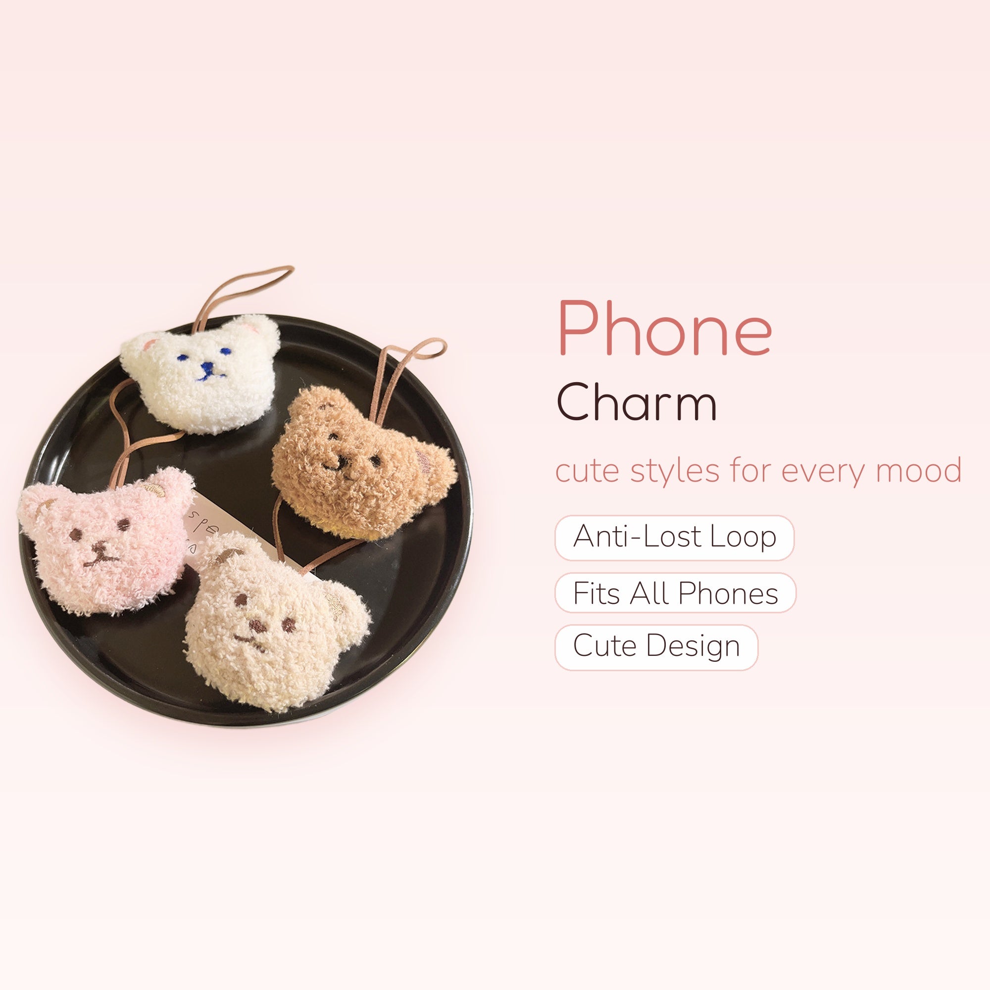 Cute Fluffy Bear Head Phone Charm | Kawaii Plush Animal Wrist Strap