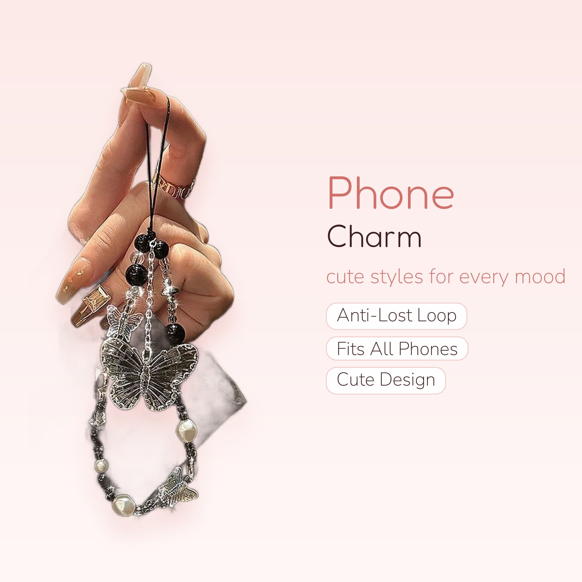 Aesthetic Clear Butterfly & Black Pearl Phone Charm | Y2K Beaded Wrist Strap