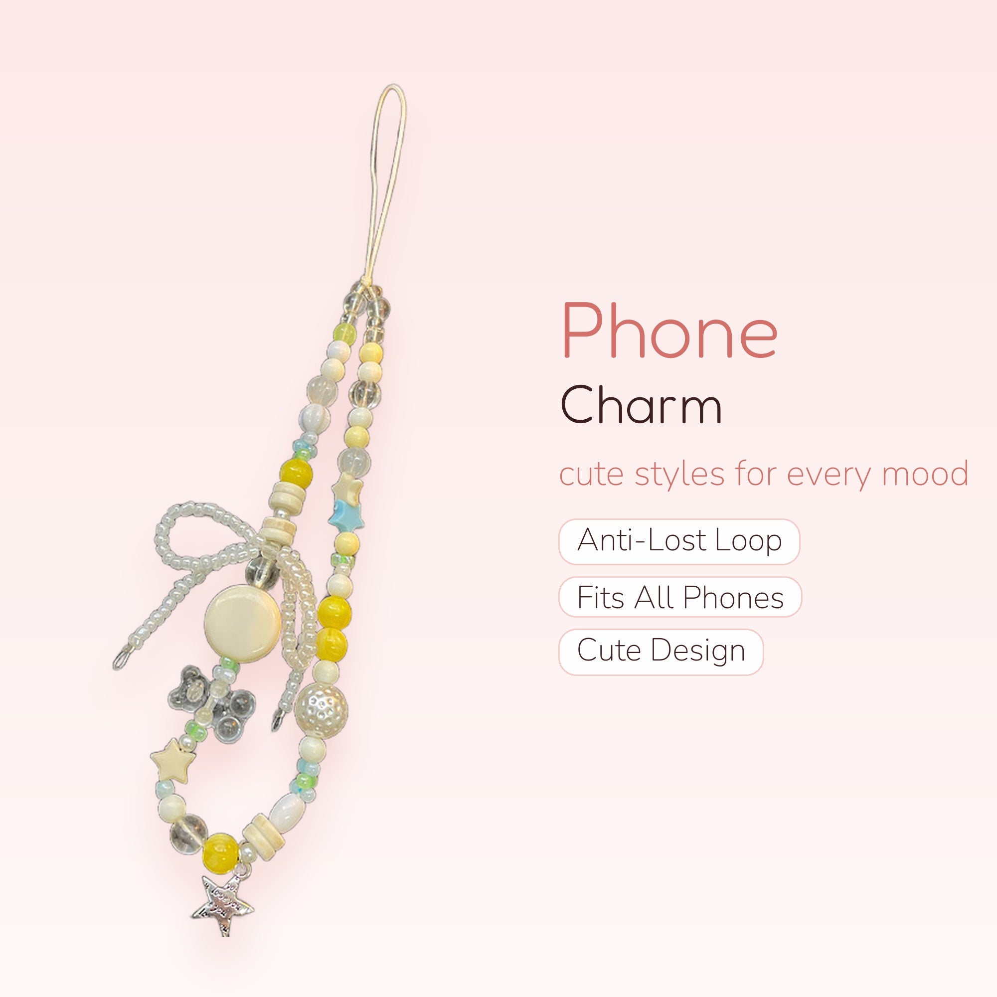 Aesthetic Yellow & White Beaded Phone Charm | Kawaii Star & Bow Wrist Strap