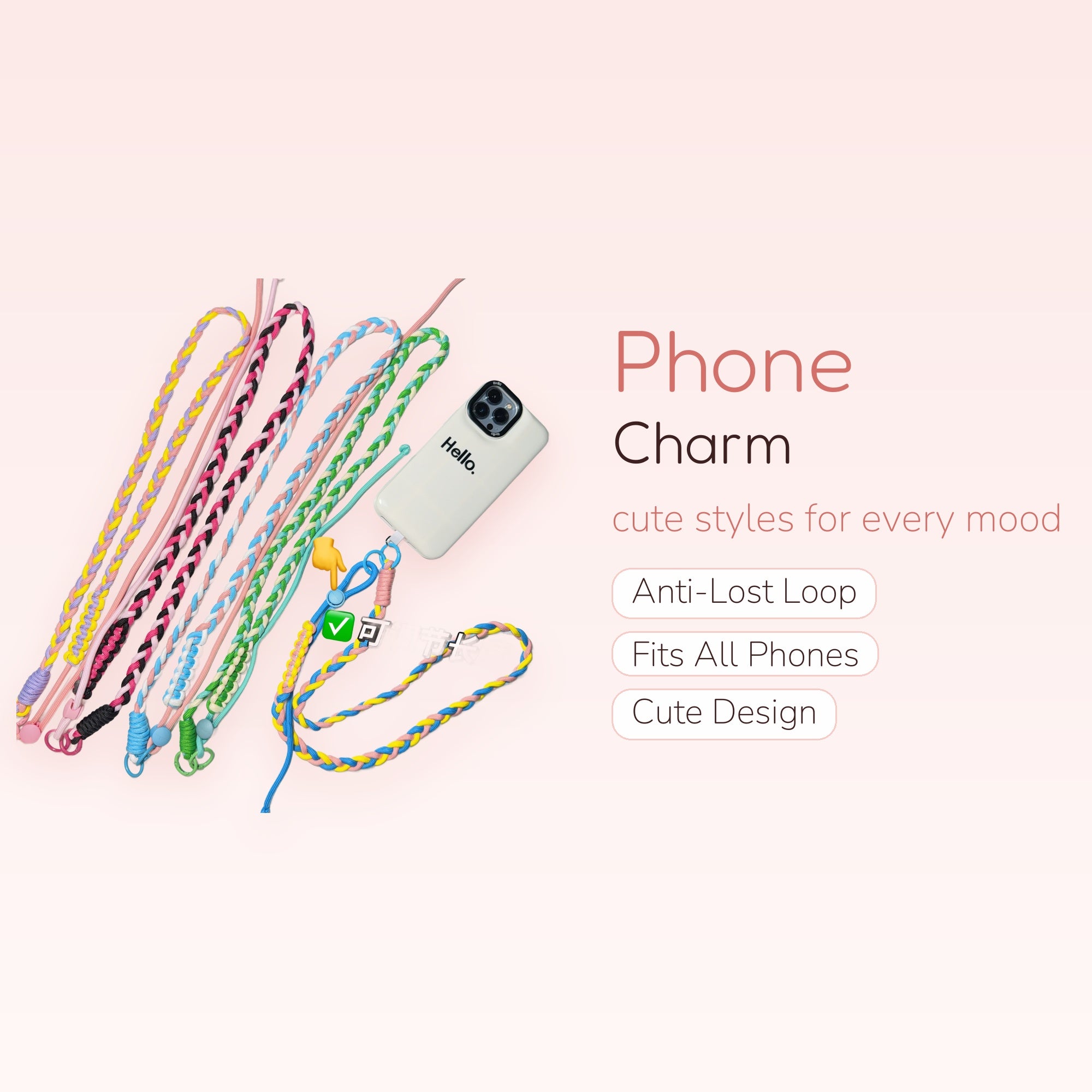 Adjustable Braided Lanyard Phone Charm | Colorful Woven Wrist Strap