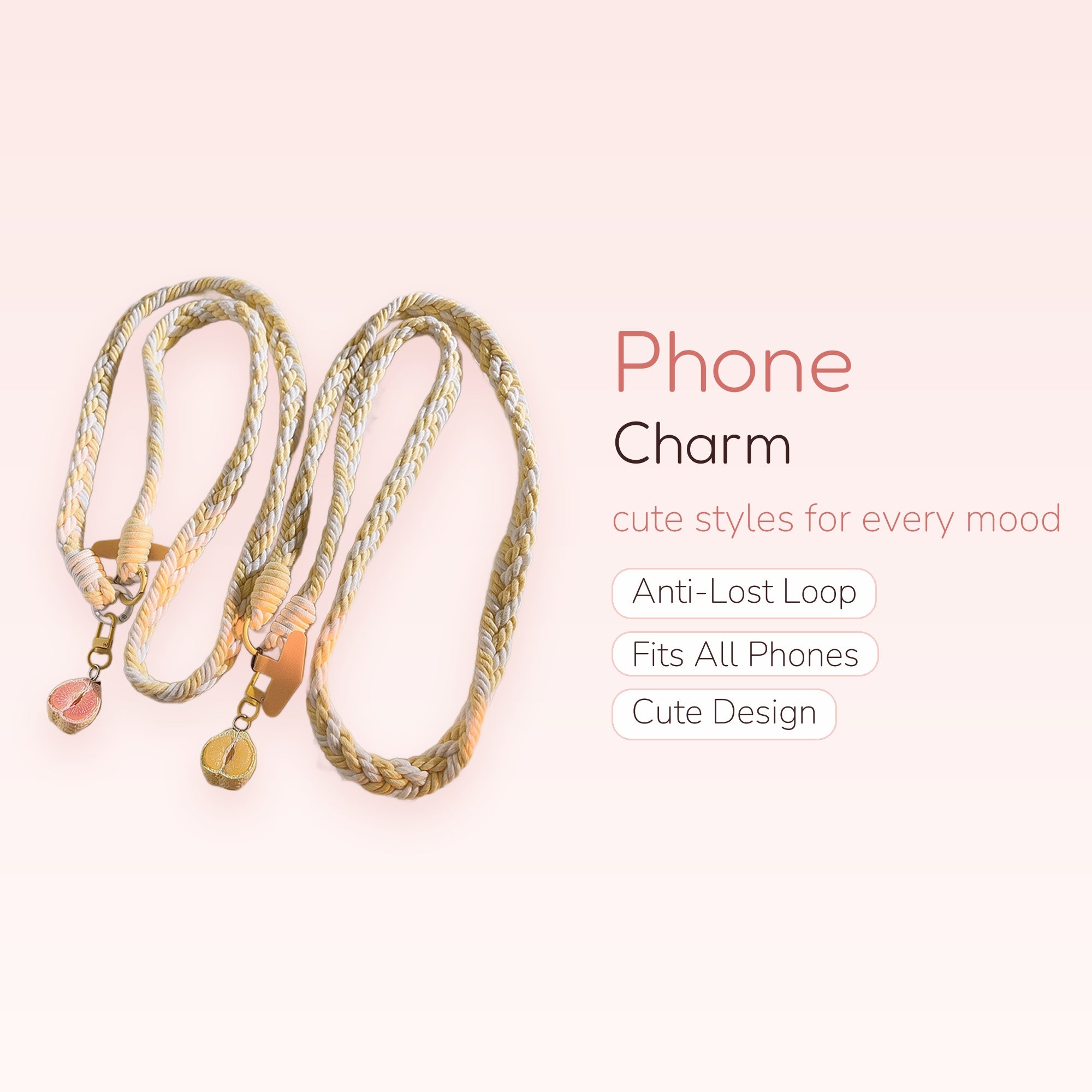Braided Yellow & White Phone Lanyard | Cute Fruit Charm Crossbody Strap