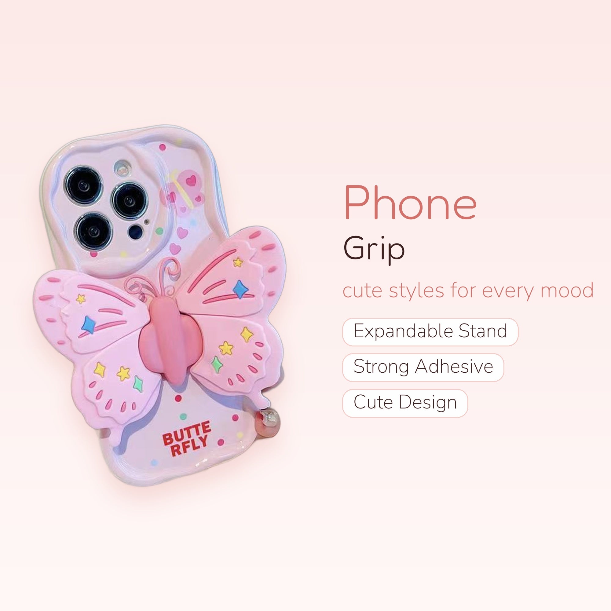 Pink Butterfly Phone Grip | Kawaii 3D Pop Socket Stand with Confetti Hearts