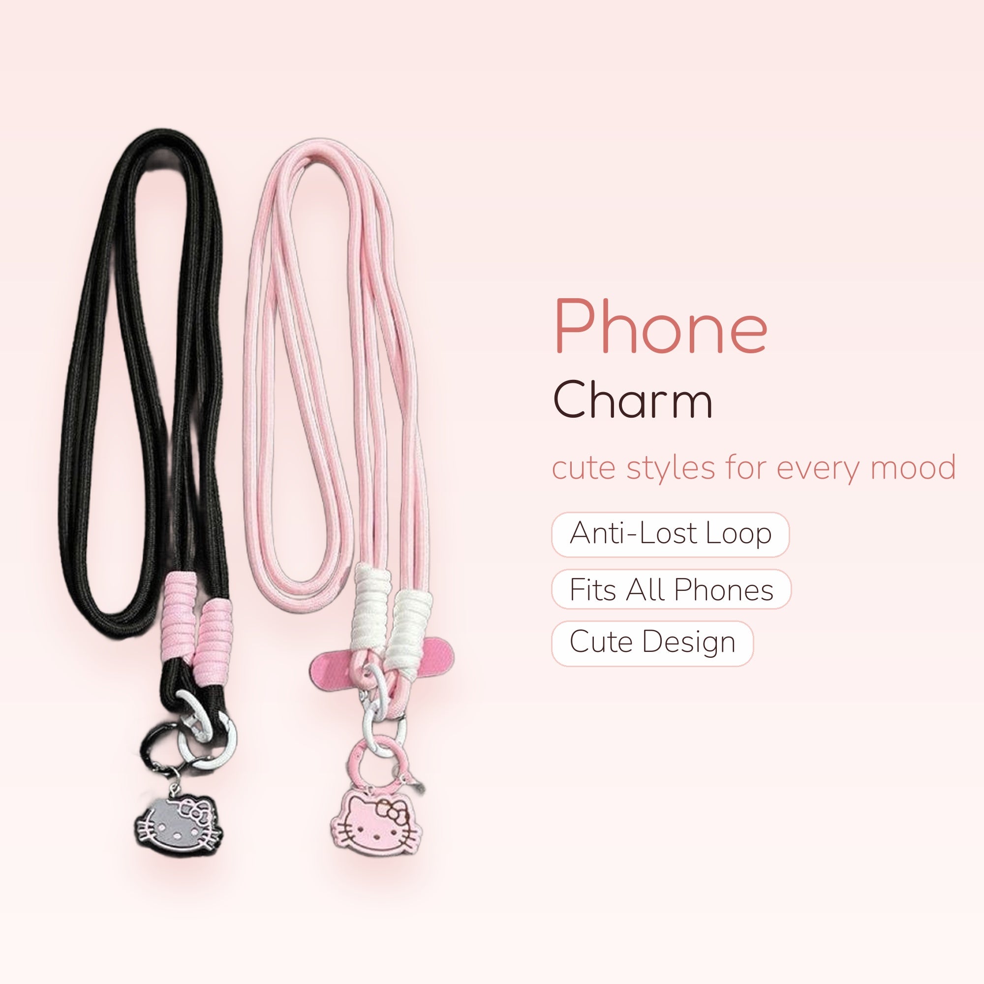 Kawaii Hello Kitty Phone Lanyard | Cute Pink & Black Neck Strap Charm