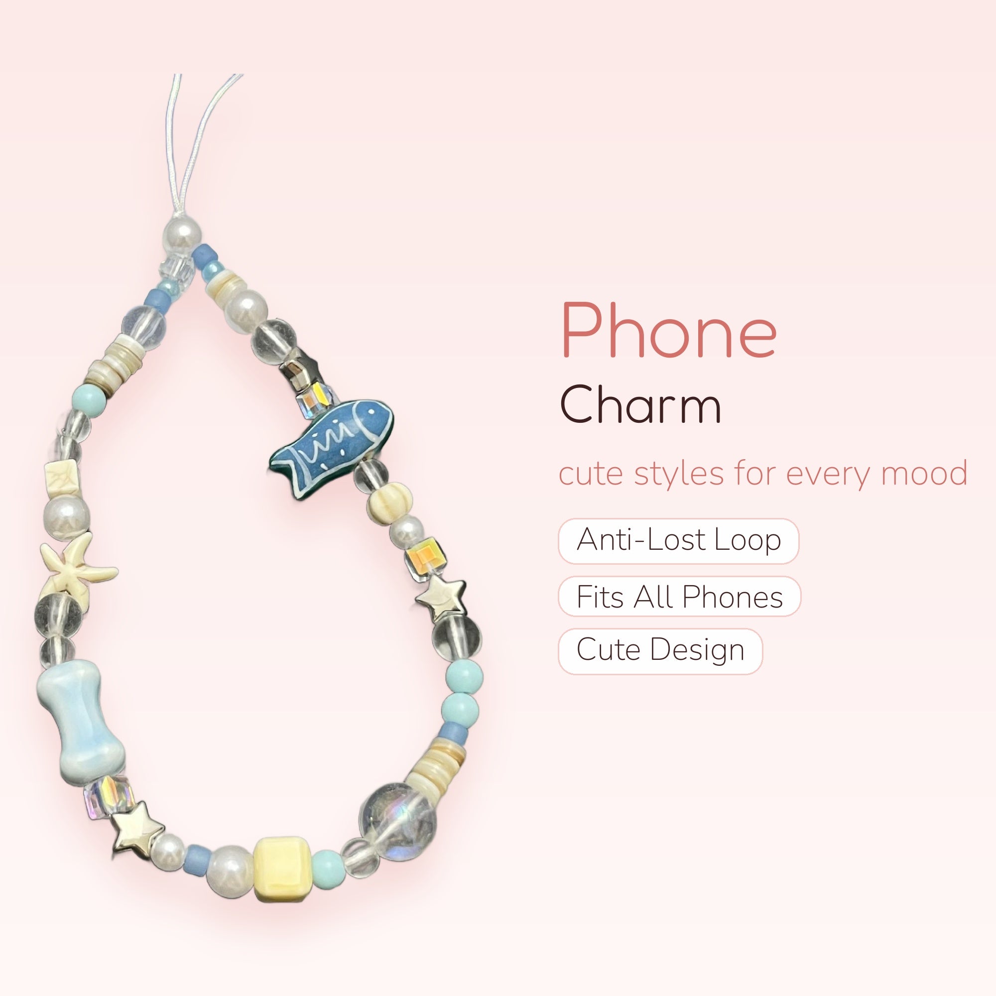 Aesthetic Blue Fish & Starfish Beaded Phone Charm | Ocean Core Y2K Wrist Strap