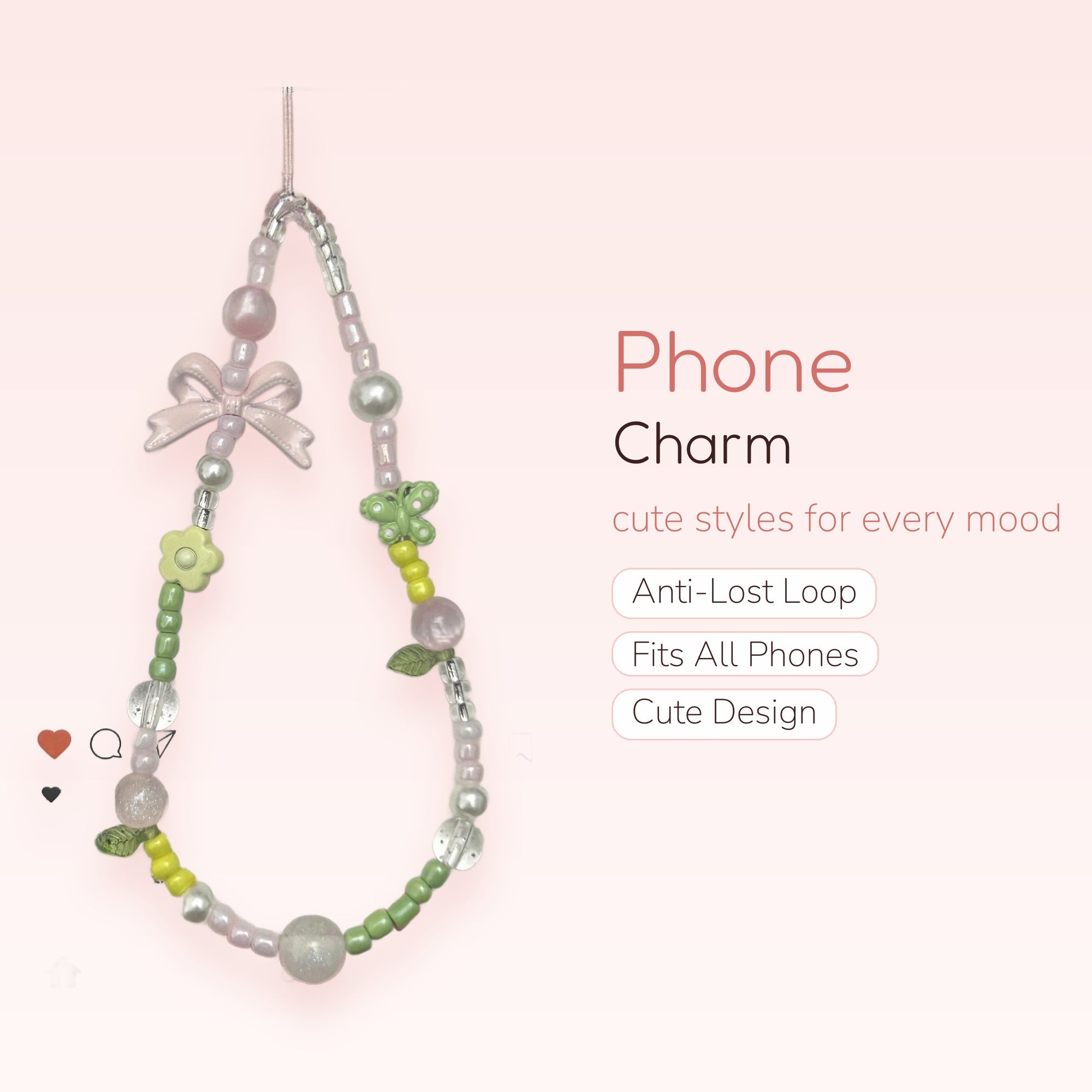 Pastel Pink & Green Beaded Phone Charm | Kawaii Butterfly & Bow Wrist Strap