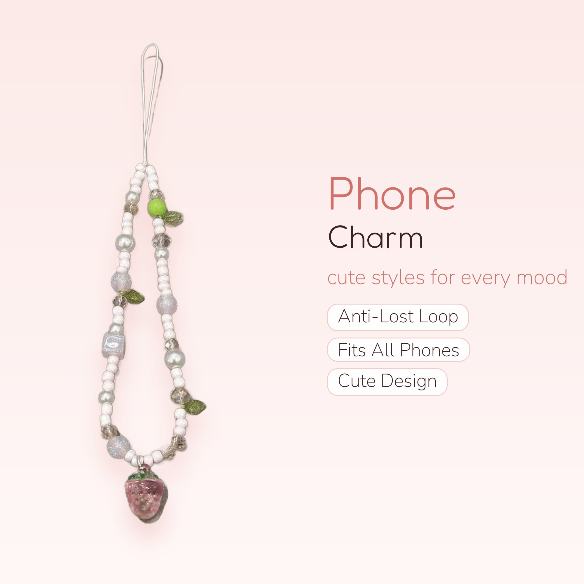 Kawaii Strawberry Pearl Phone Charm Strap | Pastel Beaded Wrist Lanyard