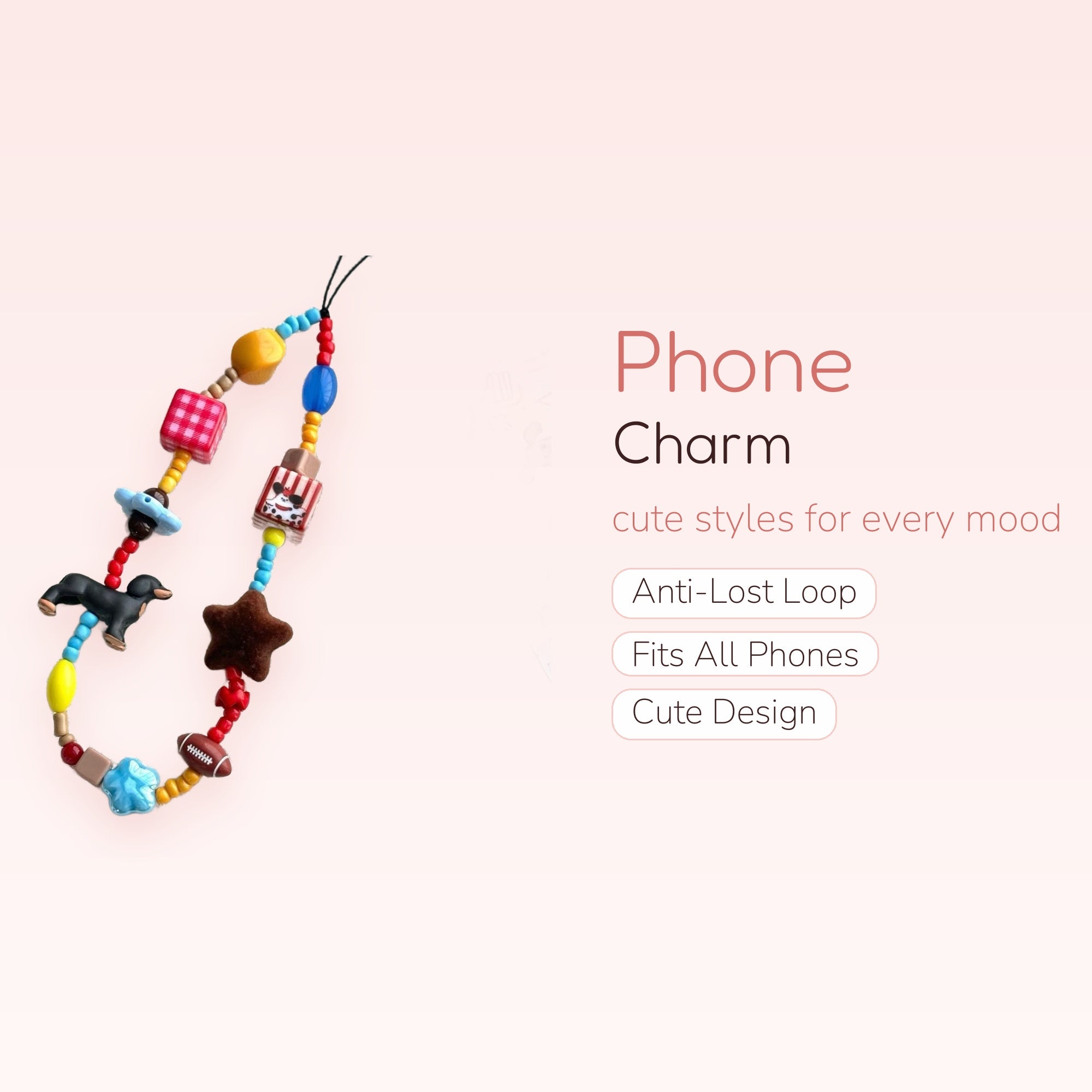 Kawaii Colorful Beaded Phone Charm Strap | Cute Dog & Star Wrist Lanyard