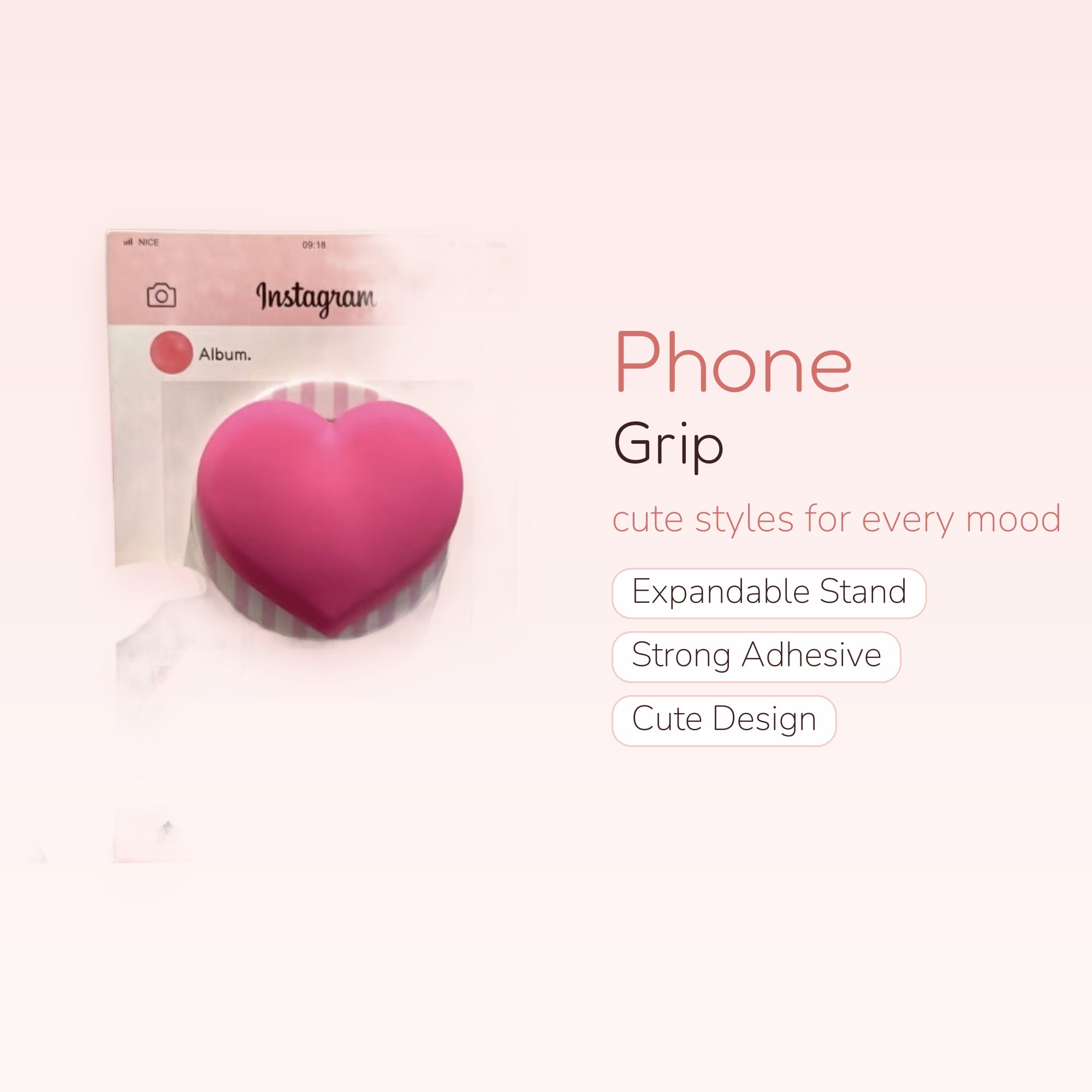 Pink Heart Instagram Phone Grip | Kawaii Pop Socket Stand for Girls